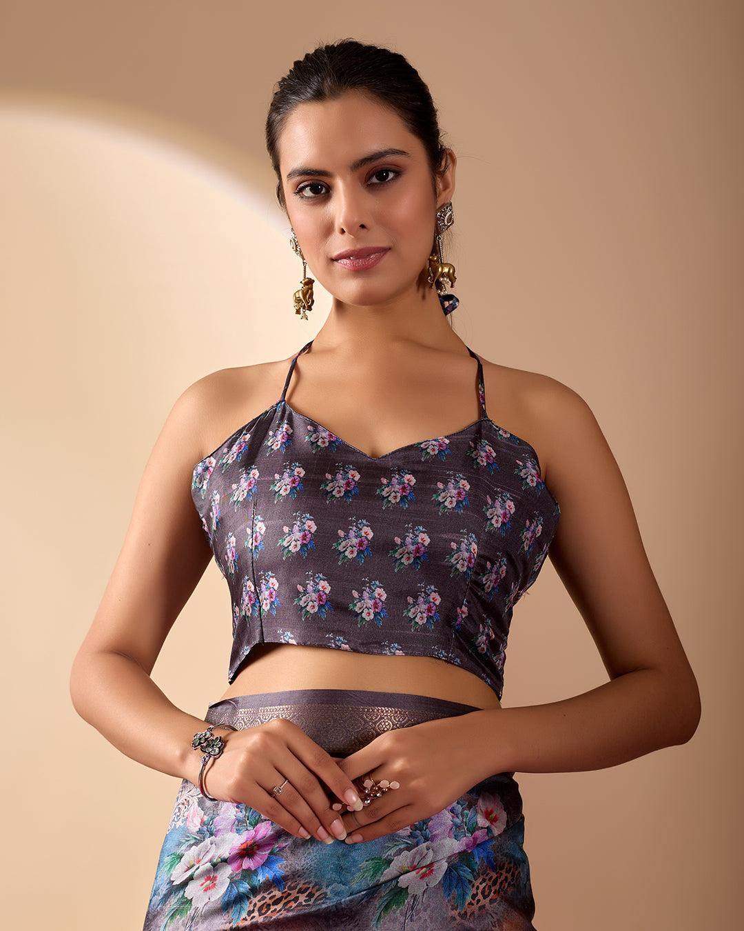 Gorgeous Soft Lichi Silk Saree featuring enchanting digital floral prints on a rich smoky grey base with an intricate golden zari border