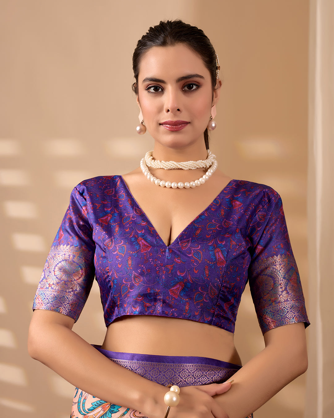 Elegant Soft Lichi Silk Saree featuring exquisite digital ethnic motifs and a royal purple golden zari border