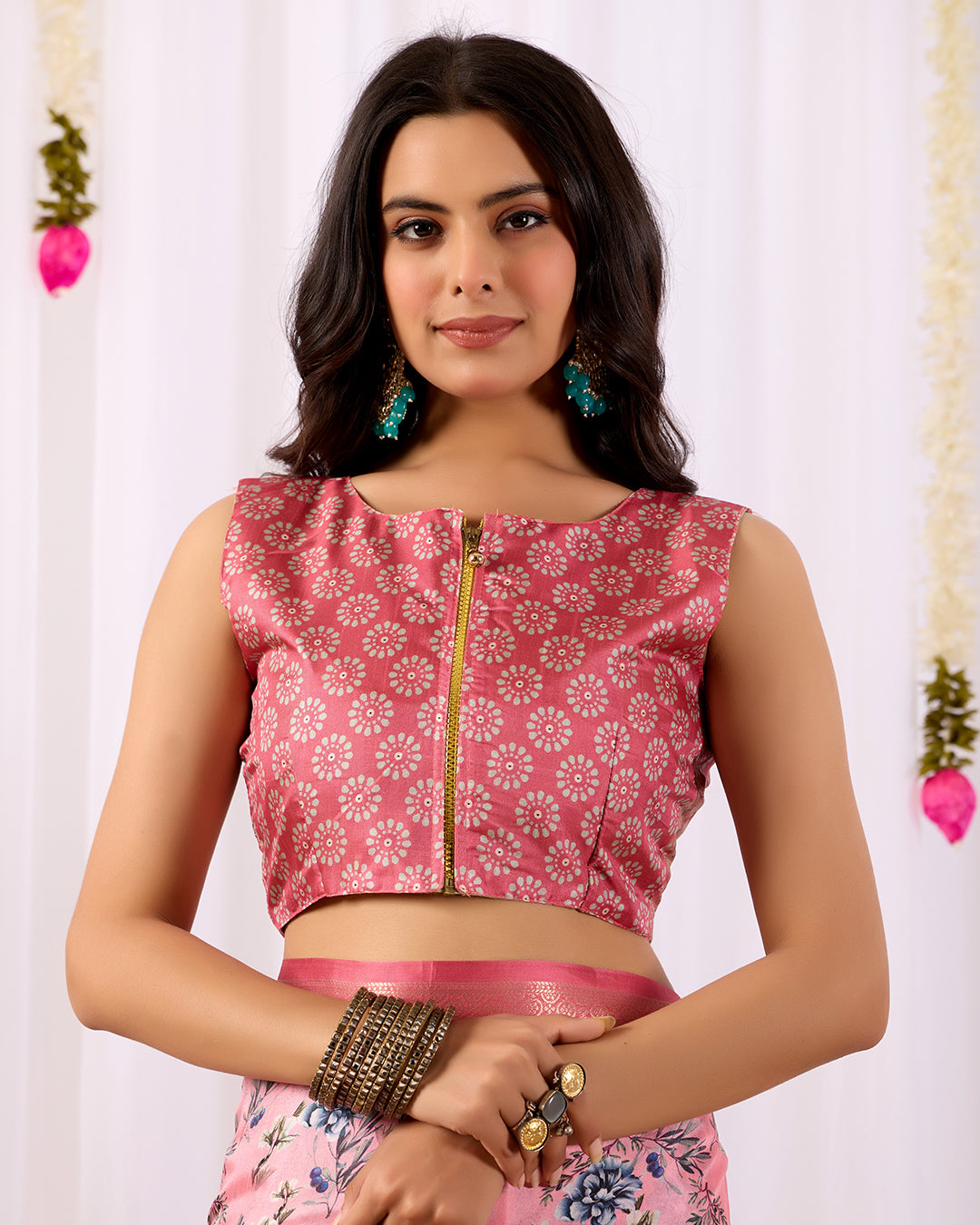 Soft Lichi Silk Saree in Blush Pink Tone, adorned with delicate all-over floral digital prints and complemented by a rich woven zari border