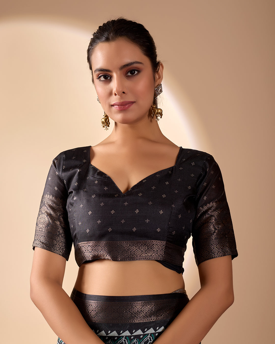 Exquisite Soft Lichi Silk Saree featuring elegant digital ethnic geometric designs paired