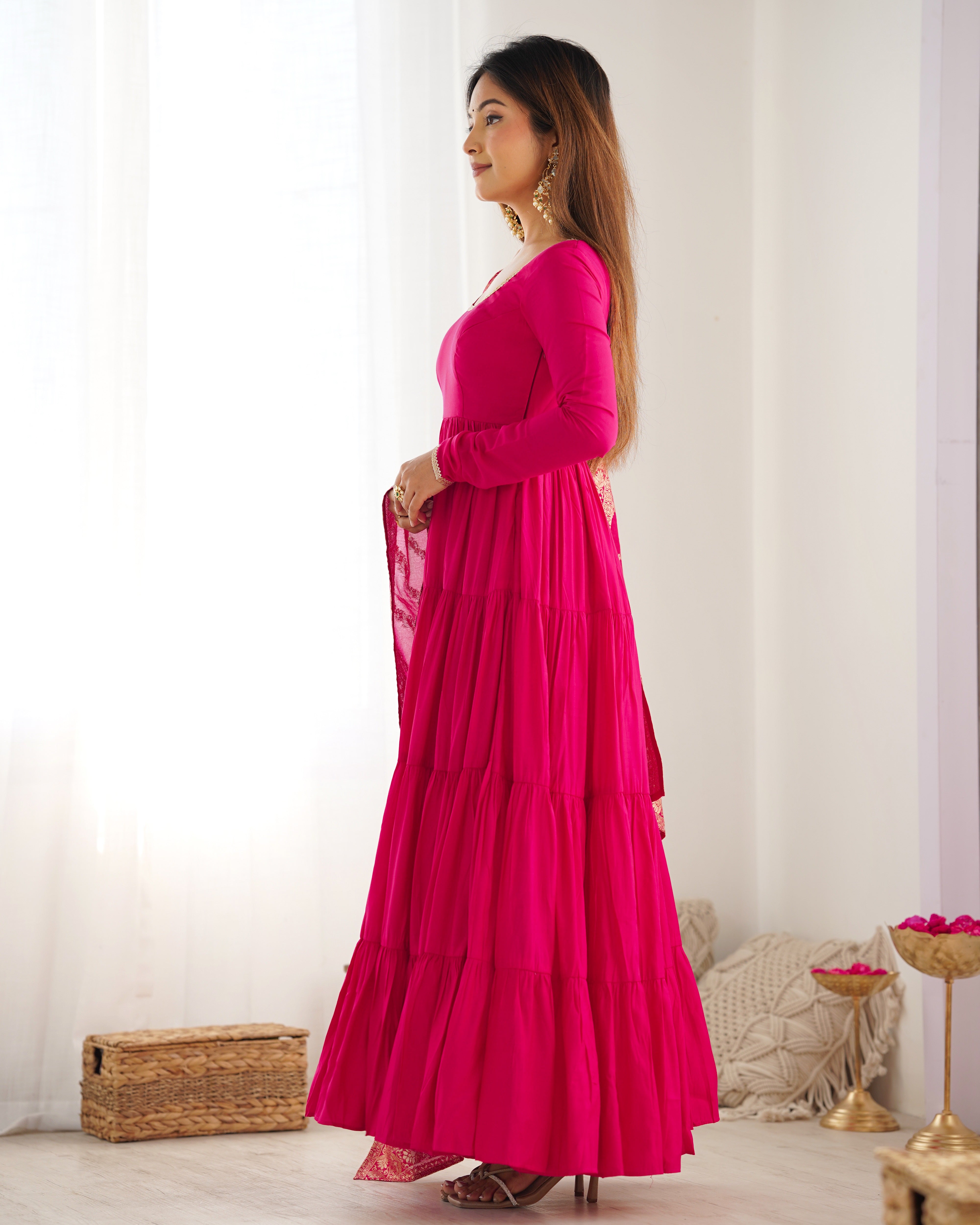 PURE ROMANSILK CHANDERI FABRIC FULLY FLAIR ANARKALI,WITH DUPPTA SET,PENT READY TO WEAR