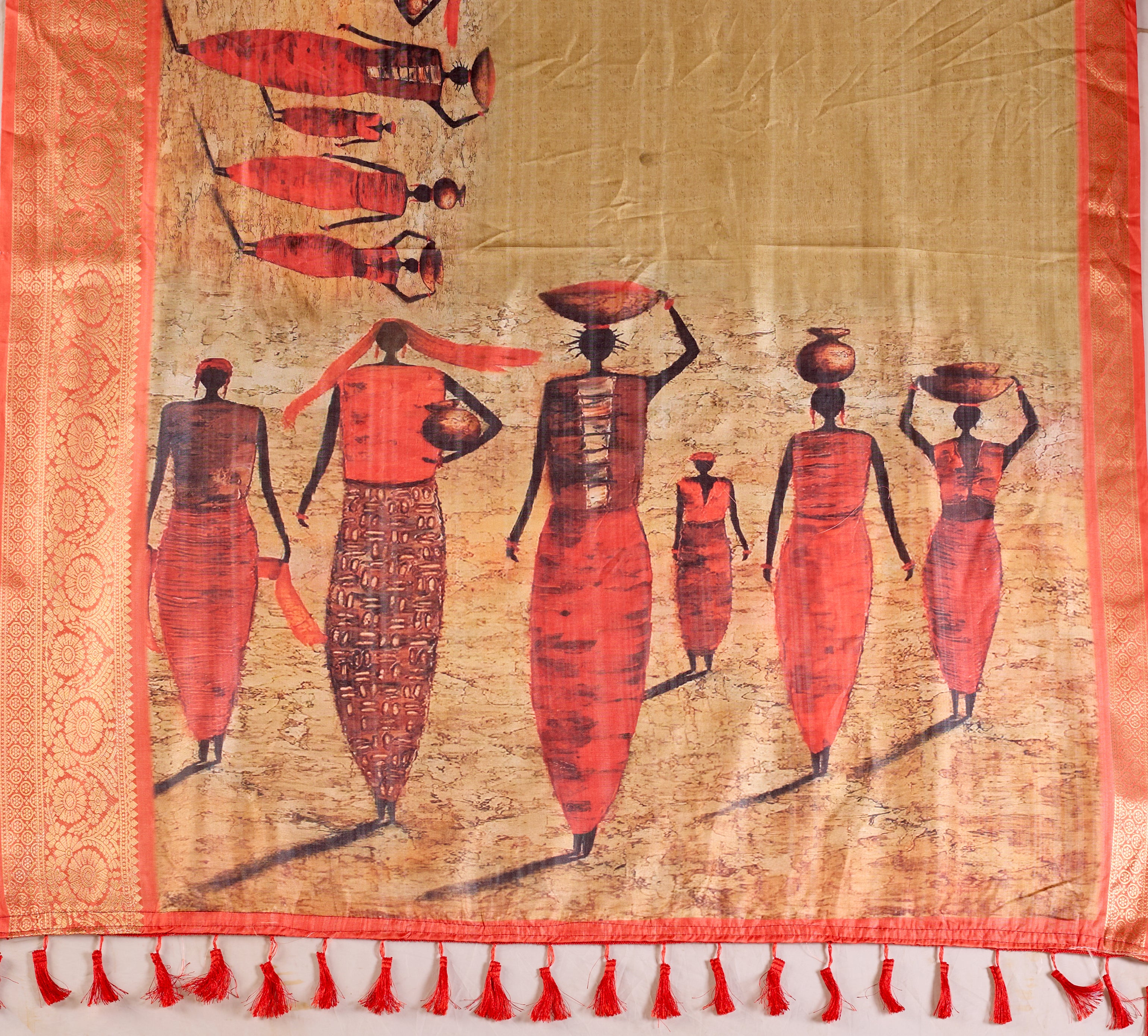 Soft Lichi Silk Saree with Elegant Tribal Art Print and Rich Zari Border