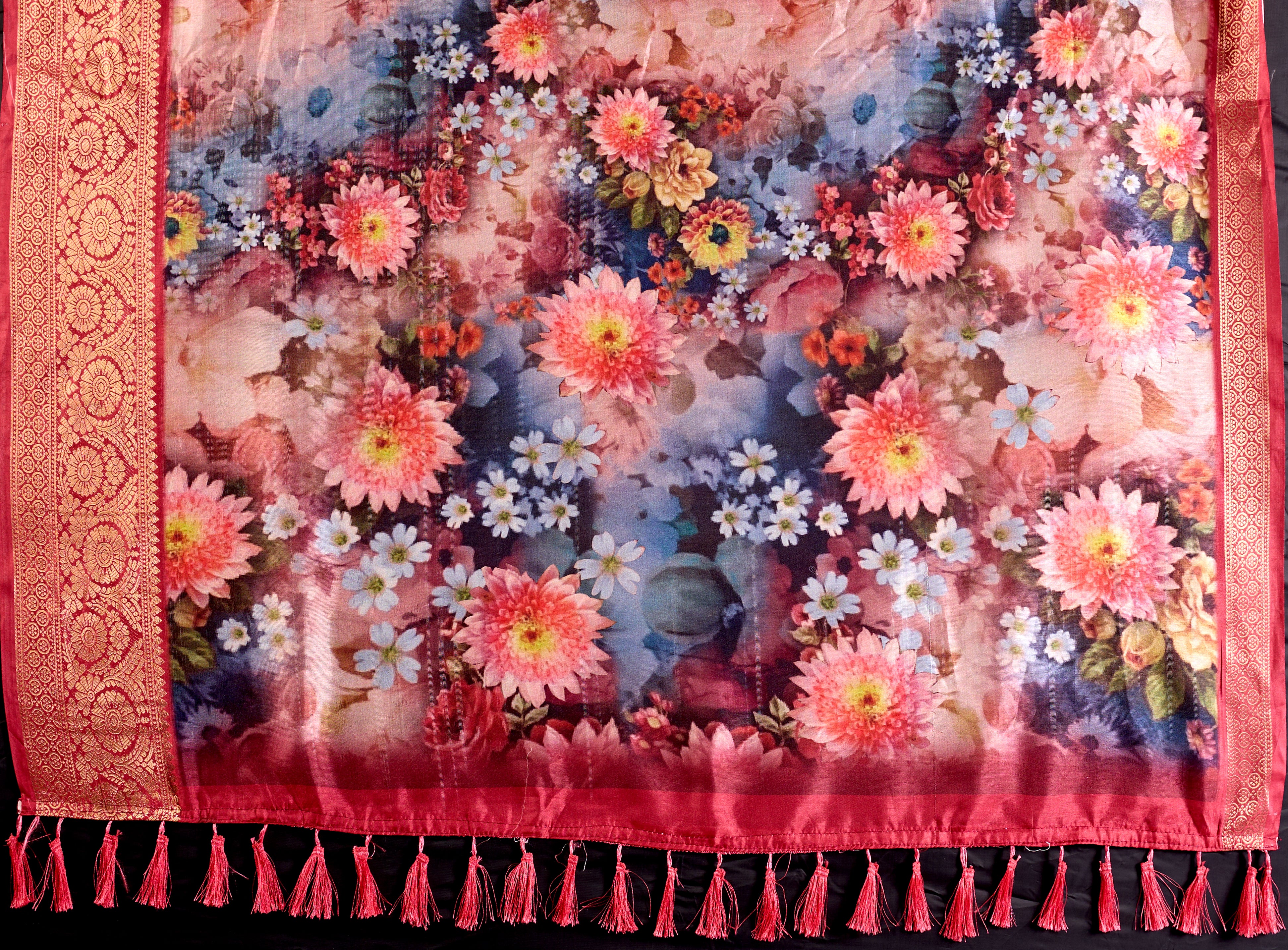 Luxurious Soft Lichi Silk Saree in Deep Wine Rose Shade featuring enchanting floral digital prints and complemented by a rich woven zari border