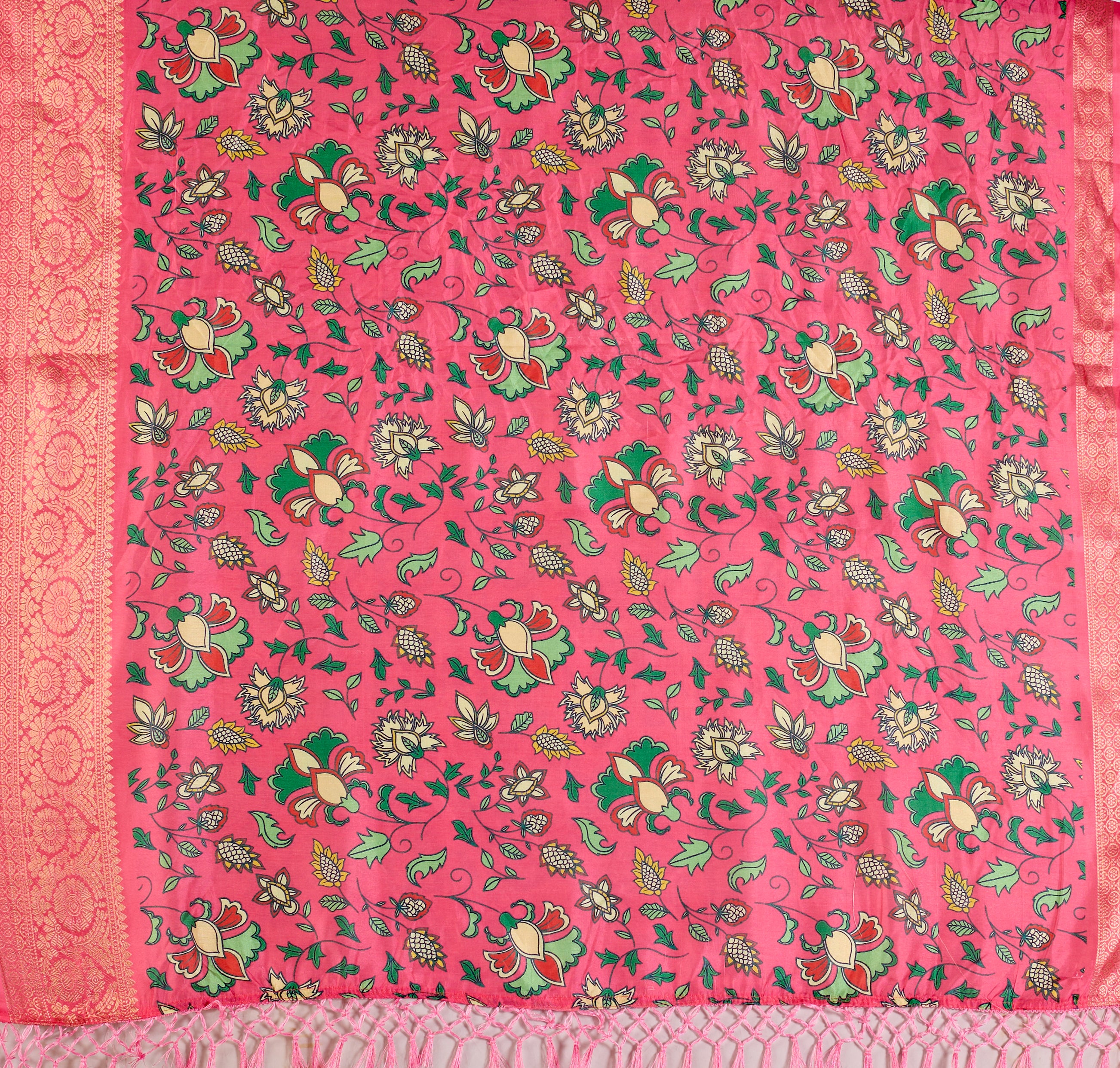 Soft Lichi Silk Saree enriched with vibrant floral digital prints and a beautifully woven zari border