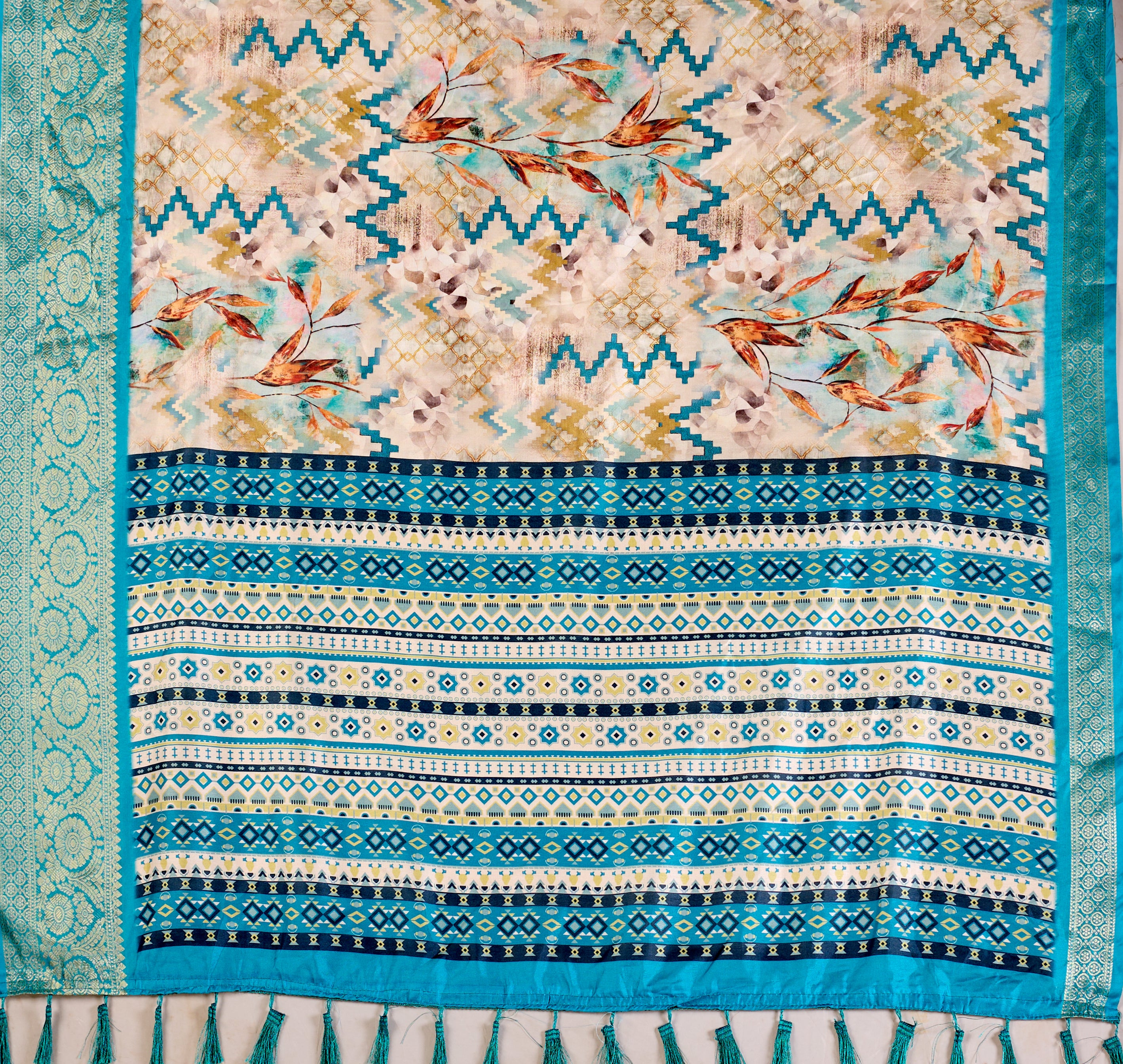 Soft Lichi Silk Saree featuring an Exquisite Combination of Modern Digital Print and Rich Traditional Zari Woven Border