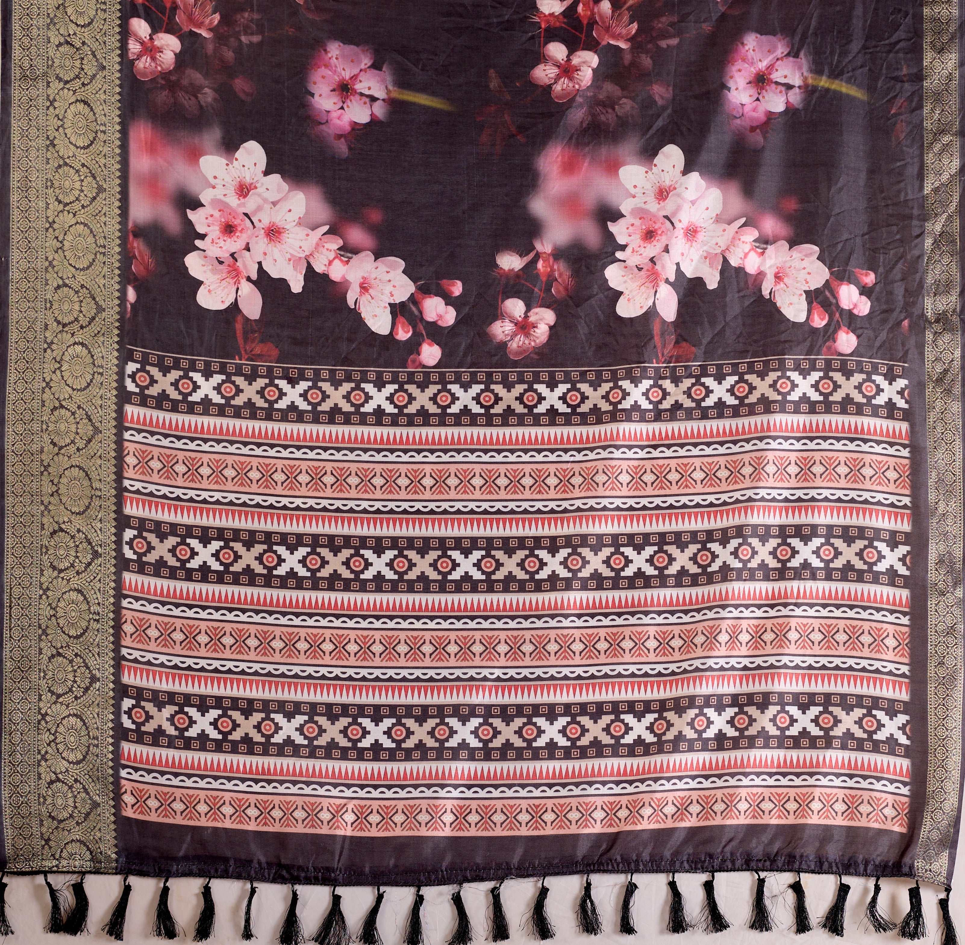 Stunning Soft Lichi Silk Saree featuring digital floral artistry on a deep elegant base with a rich golden zari border