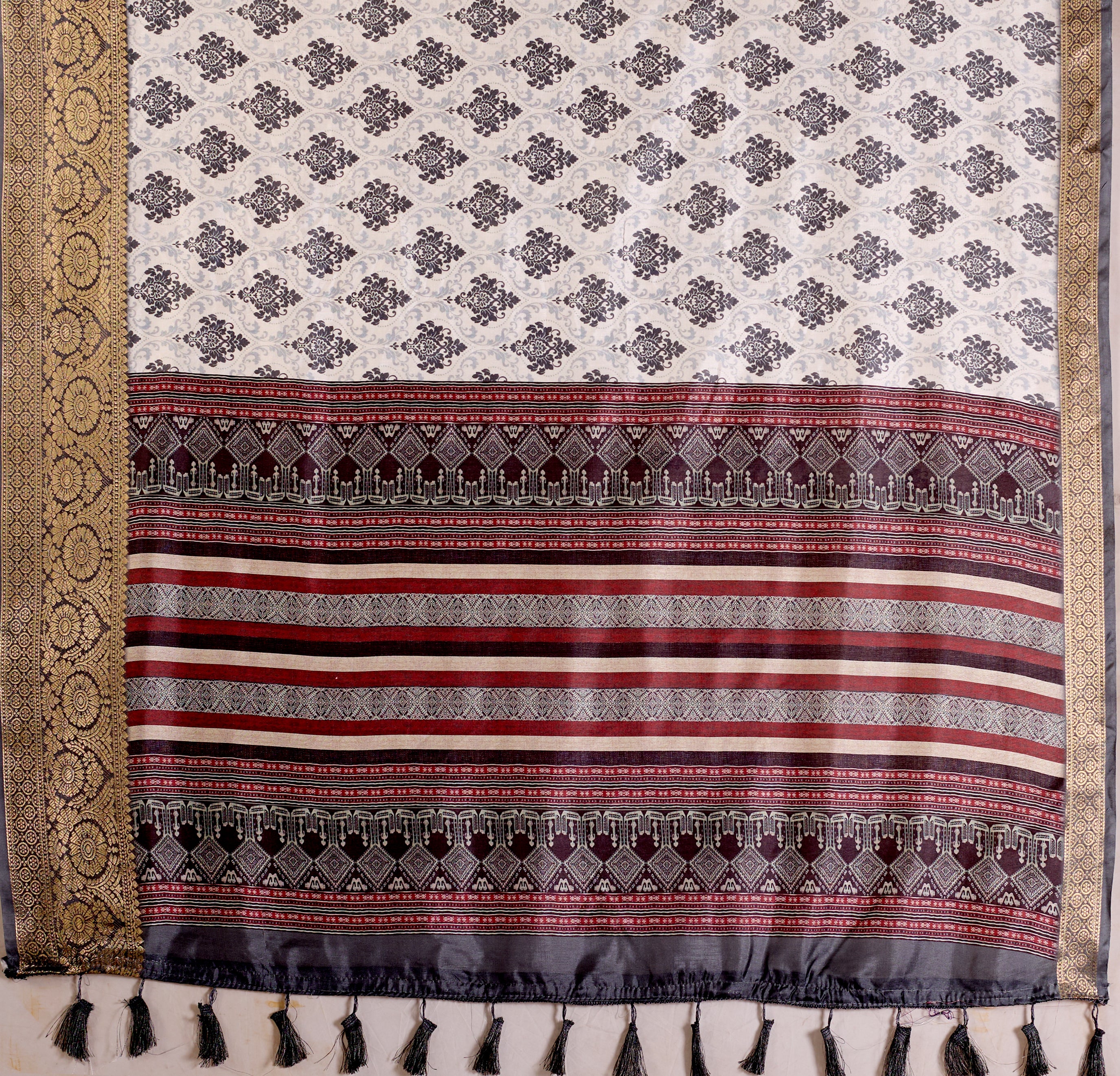 Premium Soft Lichi Silk Saree in Elegant White Base featuring intricate black ethnic motifs