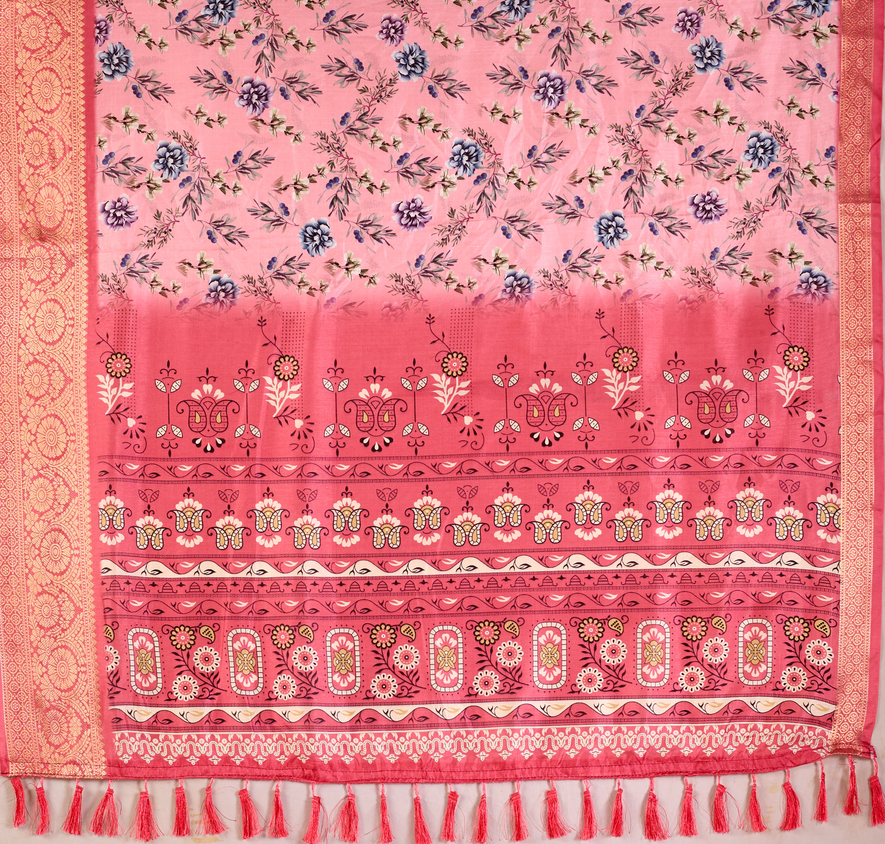Soft Lichi Silk Saree in Blush Pink Tone, adorned with delicate all-over floral digital prints and complemented by a rich woven zari border