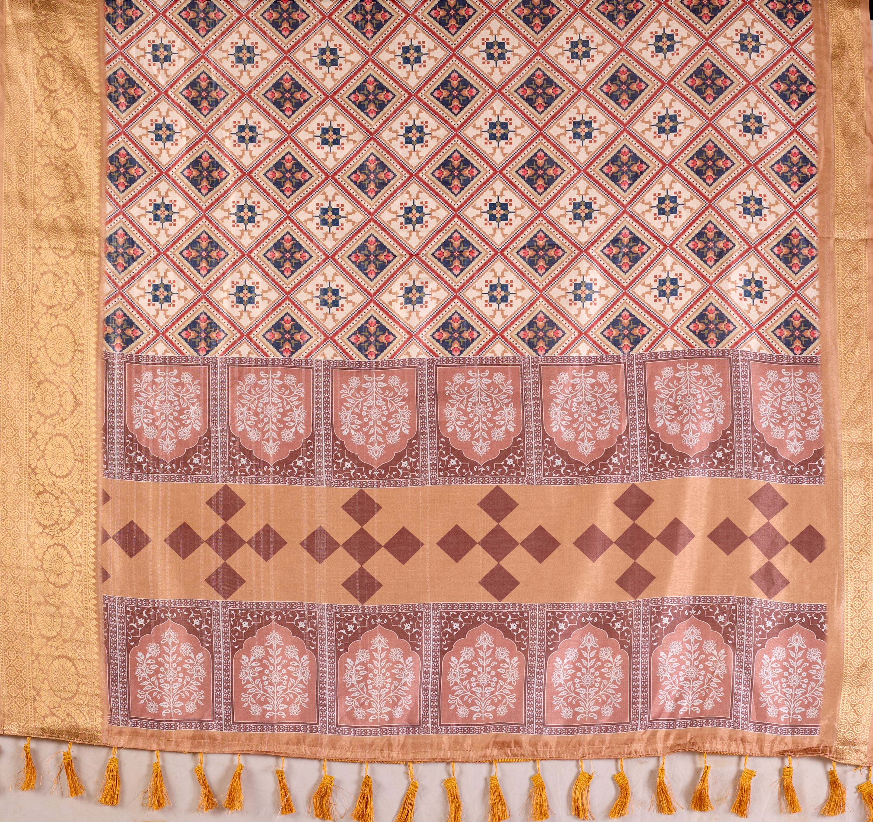 Premium Soft Lichi Silk Saree featuring elegant traditional geometric patterns, beautifully enhanced with a luxurious golden zari woven border