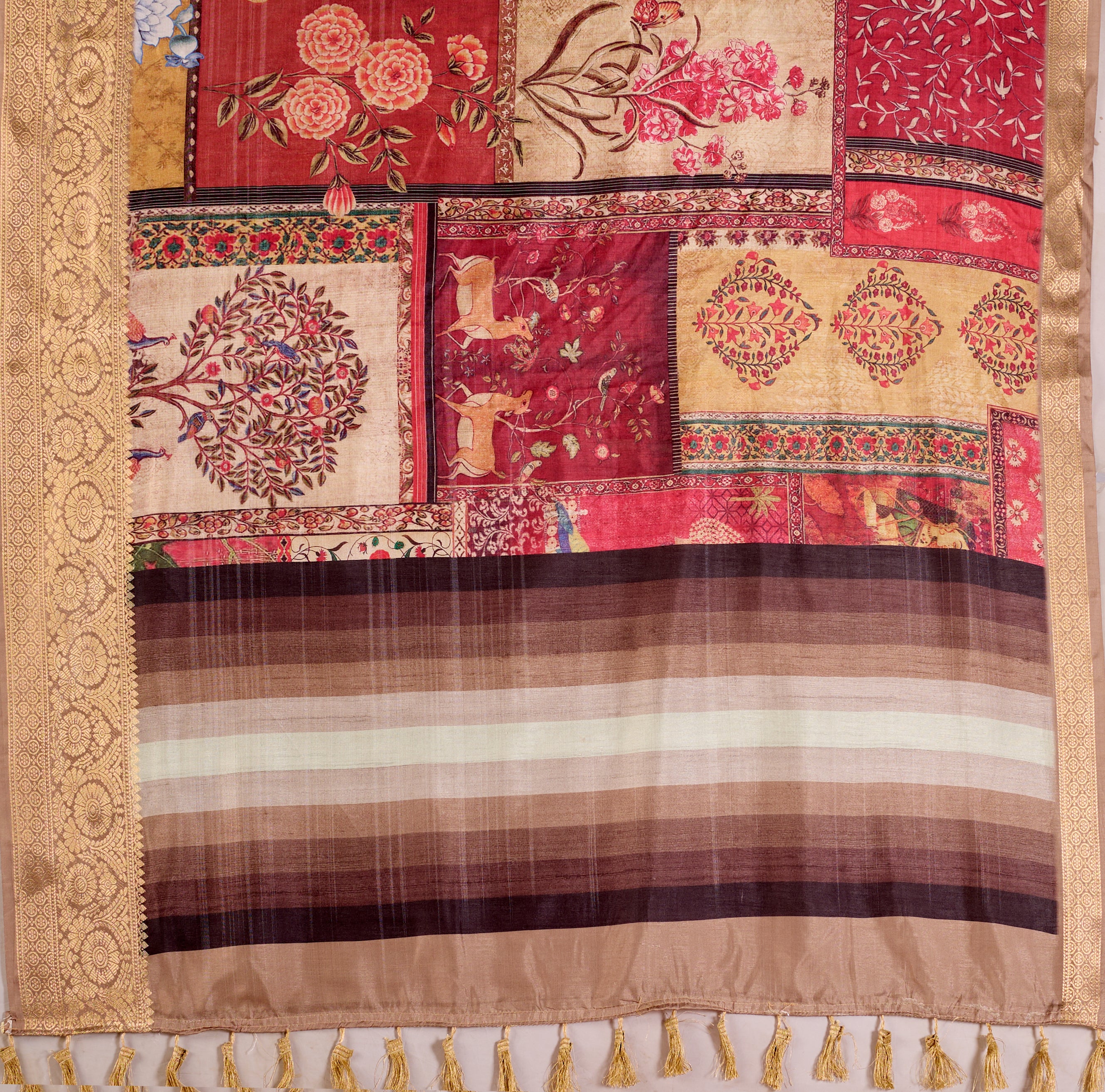 Soft Lichi Silk Saree featuring an Elegant Tribal Art Print with a Luxurious Rich Zari Border