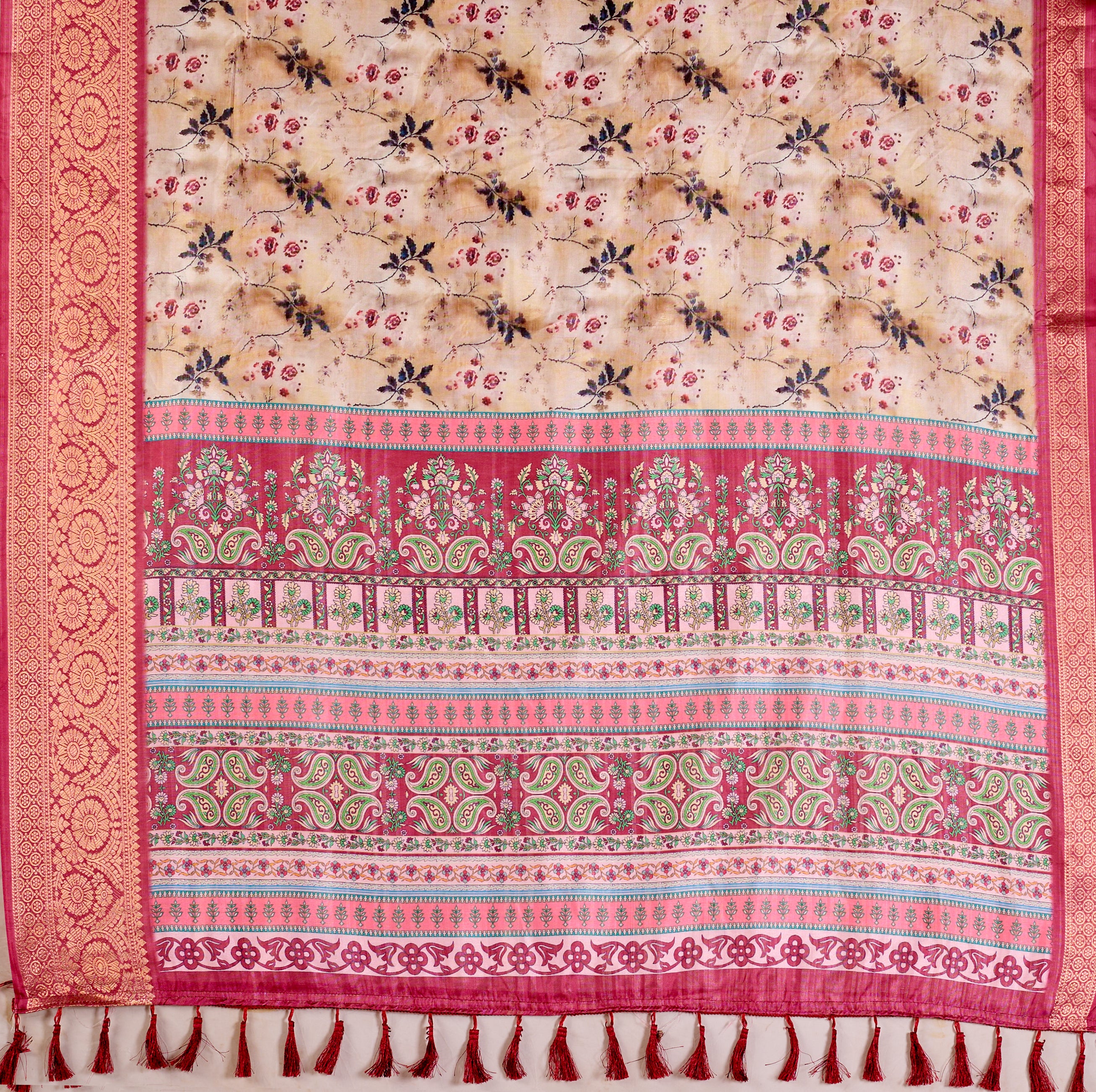 Premium Soft Lichi Silk Saree featuring mesmerizing floral digital prints beautifully enhanced with an elegant contrast zari woven border