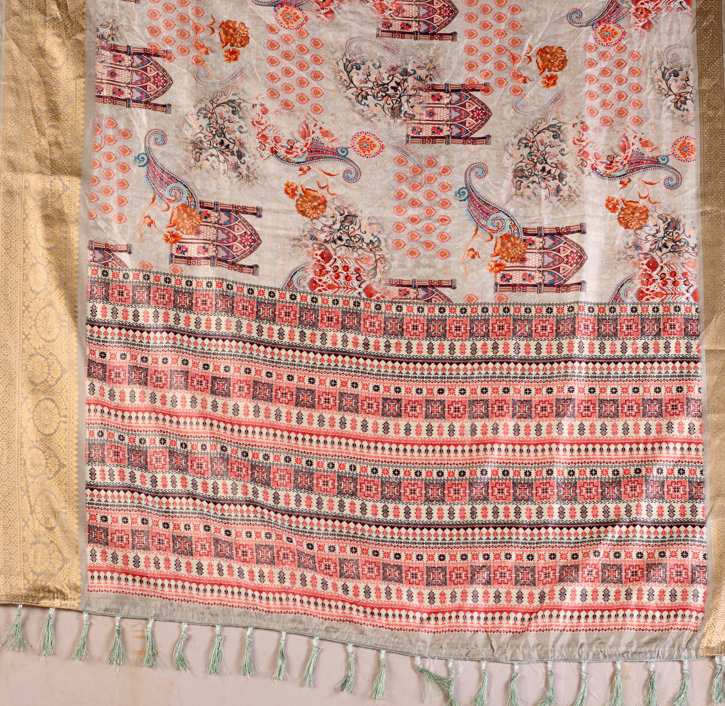 Elegant Soft Lichi Silk Saree featuring royal ethnic motifs with a lavish golden zari woven border