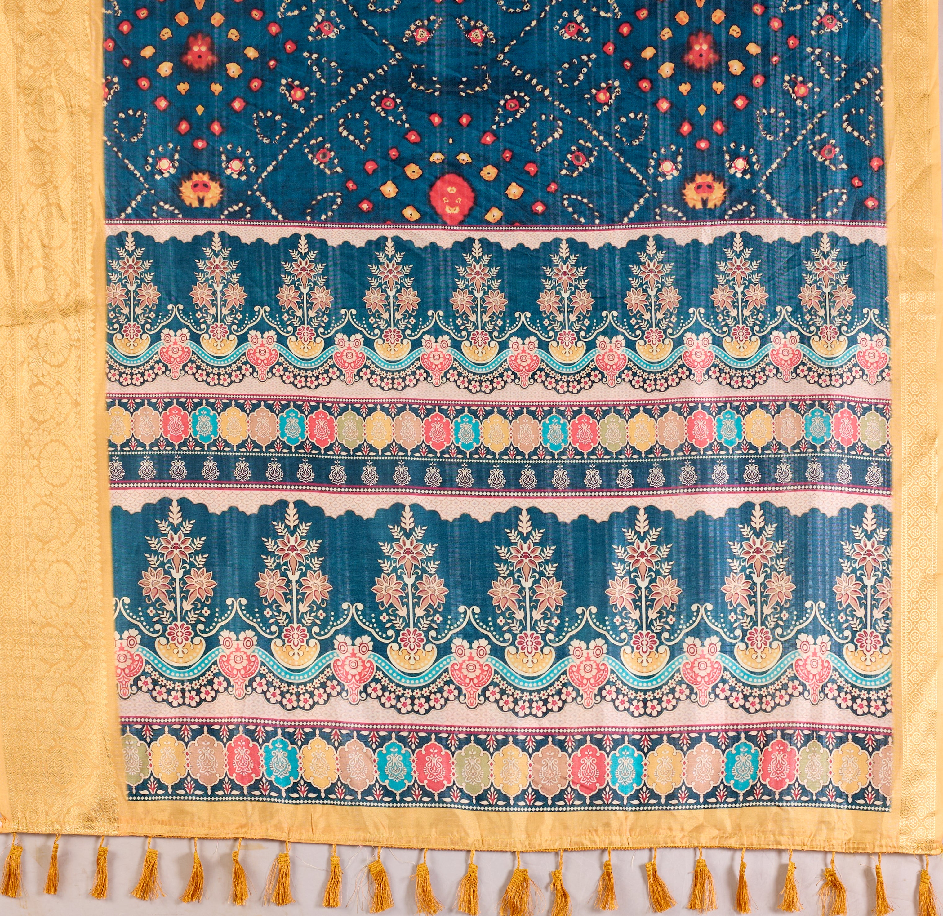 Soft Lichi Silk Saree featuring an Elegant Tribal Art Print complemented by a Luxurious Rich Zari Border