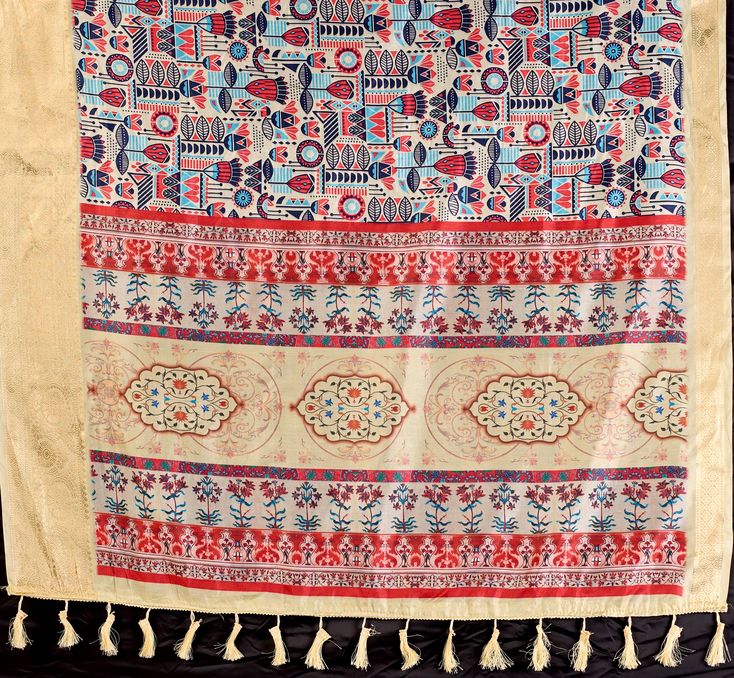 Exquisite Soft Lichi Silk Saree enriched with artistic multicolor digital weaving and a grand golden zari border