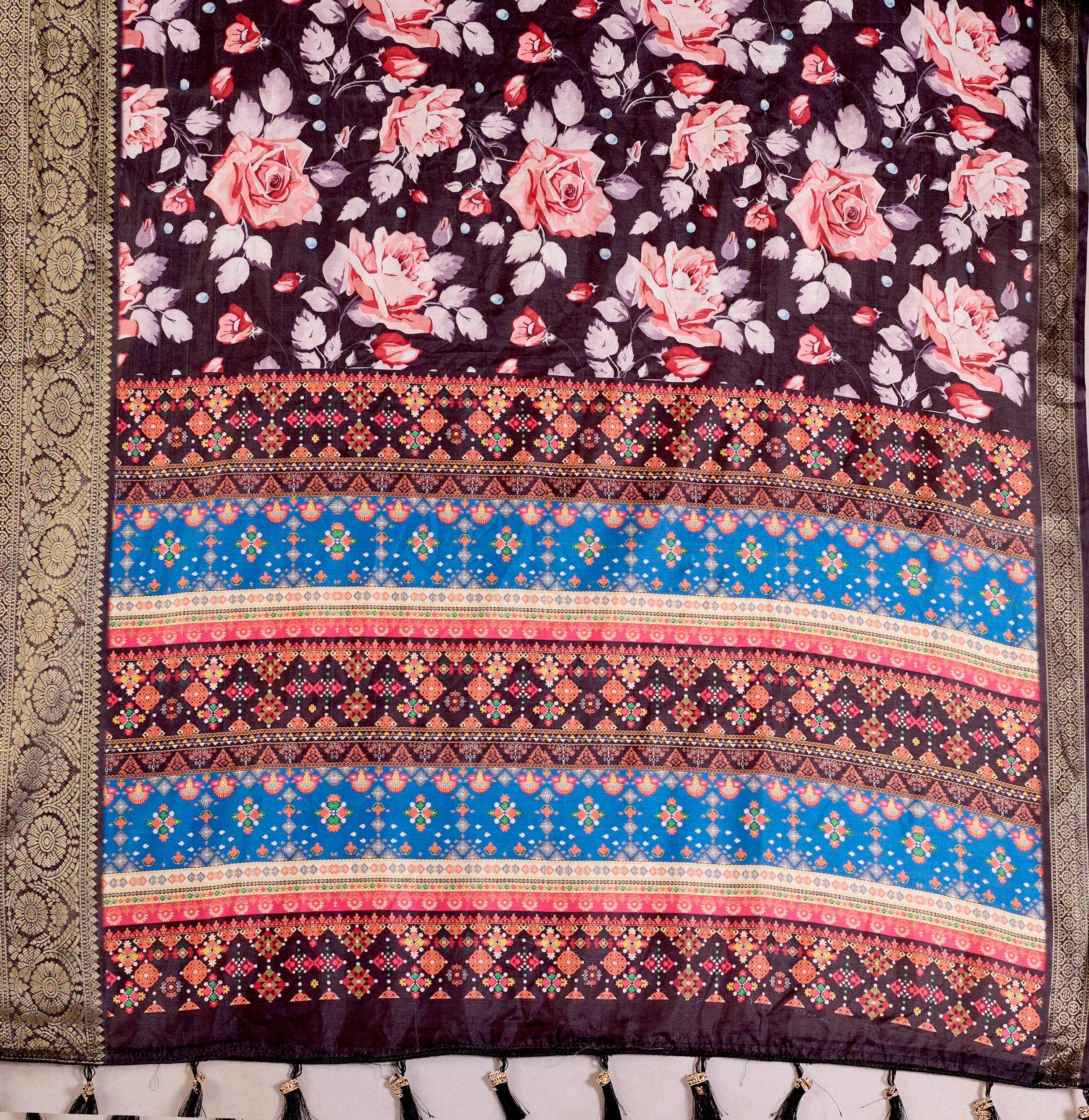 Premium Soft Lichi Silk Saree in Rich Black Tone, adorned with Artistic Floral Prints and a Vibrant Traditional Multicolor Pallu