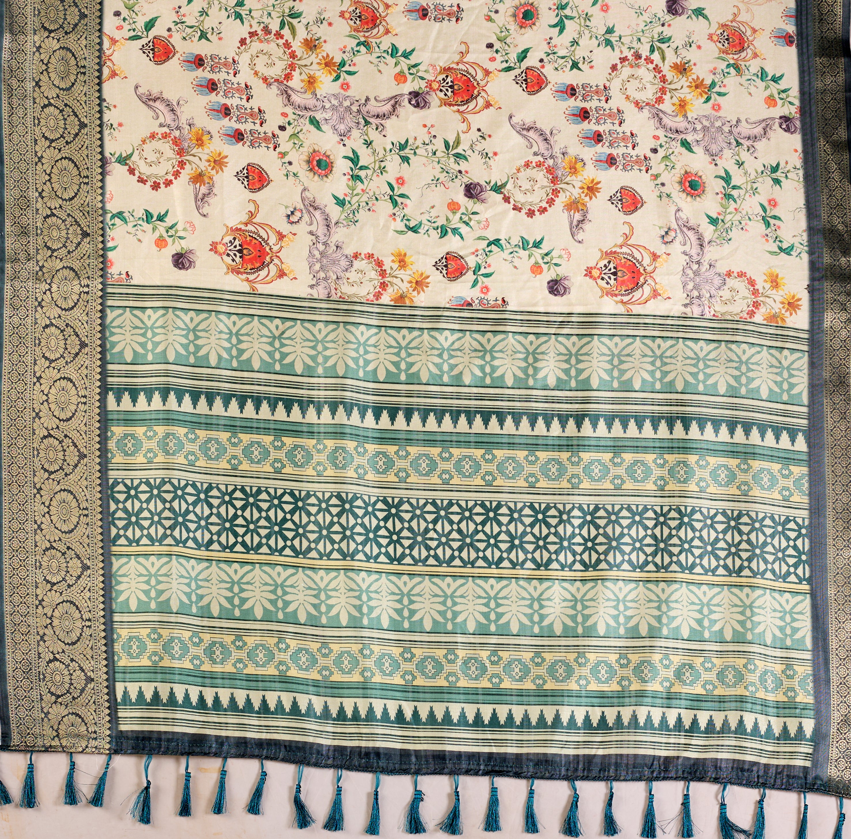 Premium Soft Lichi Silk Saree adorned with vibrant digital floral prints, complemented by a rich