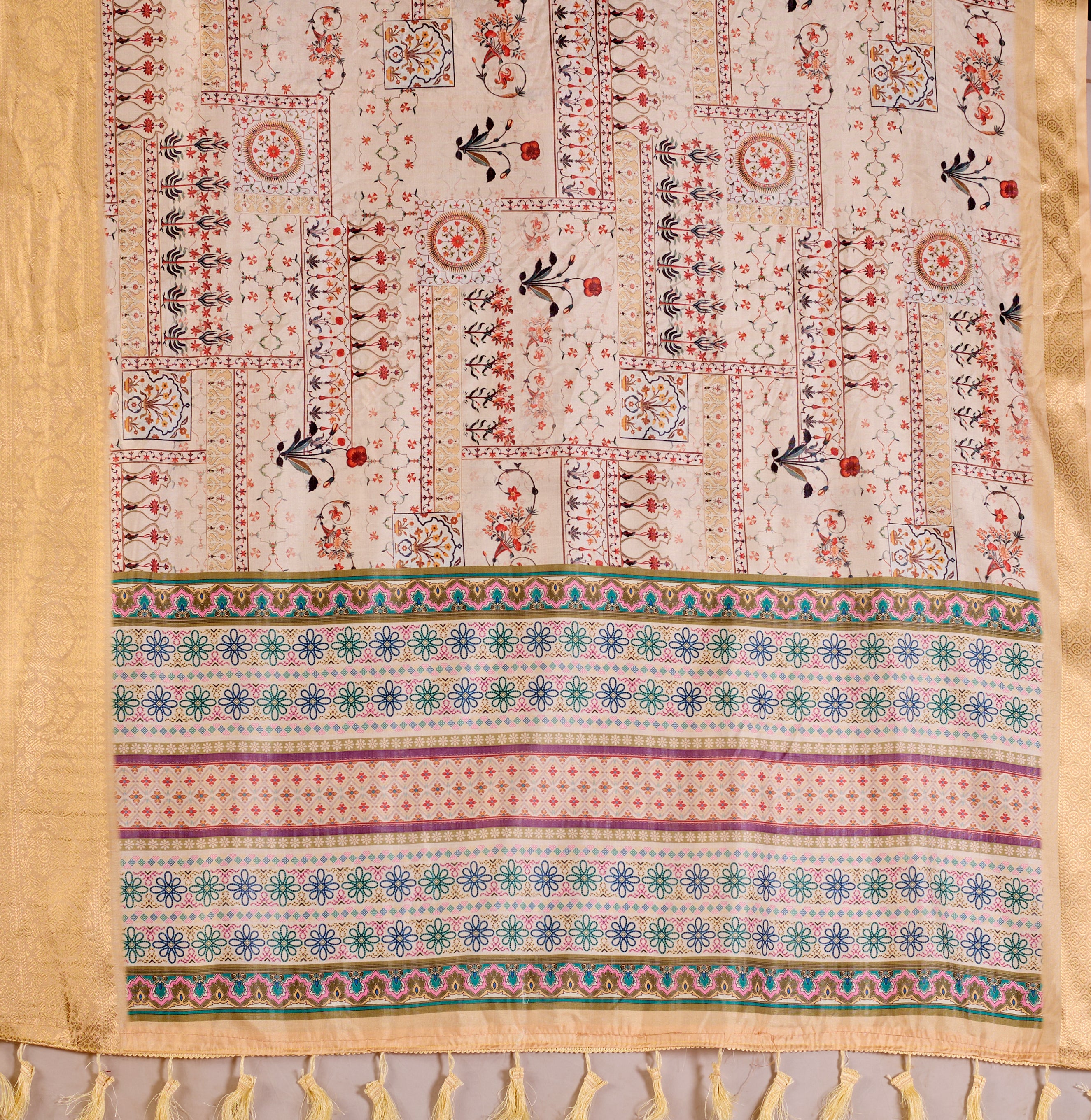 Soft Lichi Silk Saree adorned with graceful ethnic digital prints and complemented by a luxurious golden zari woven border