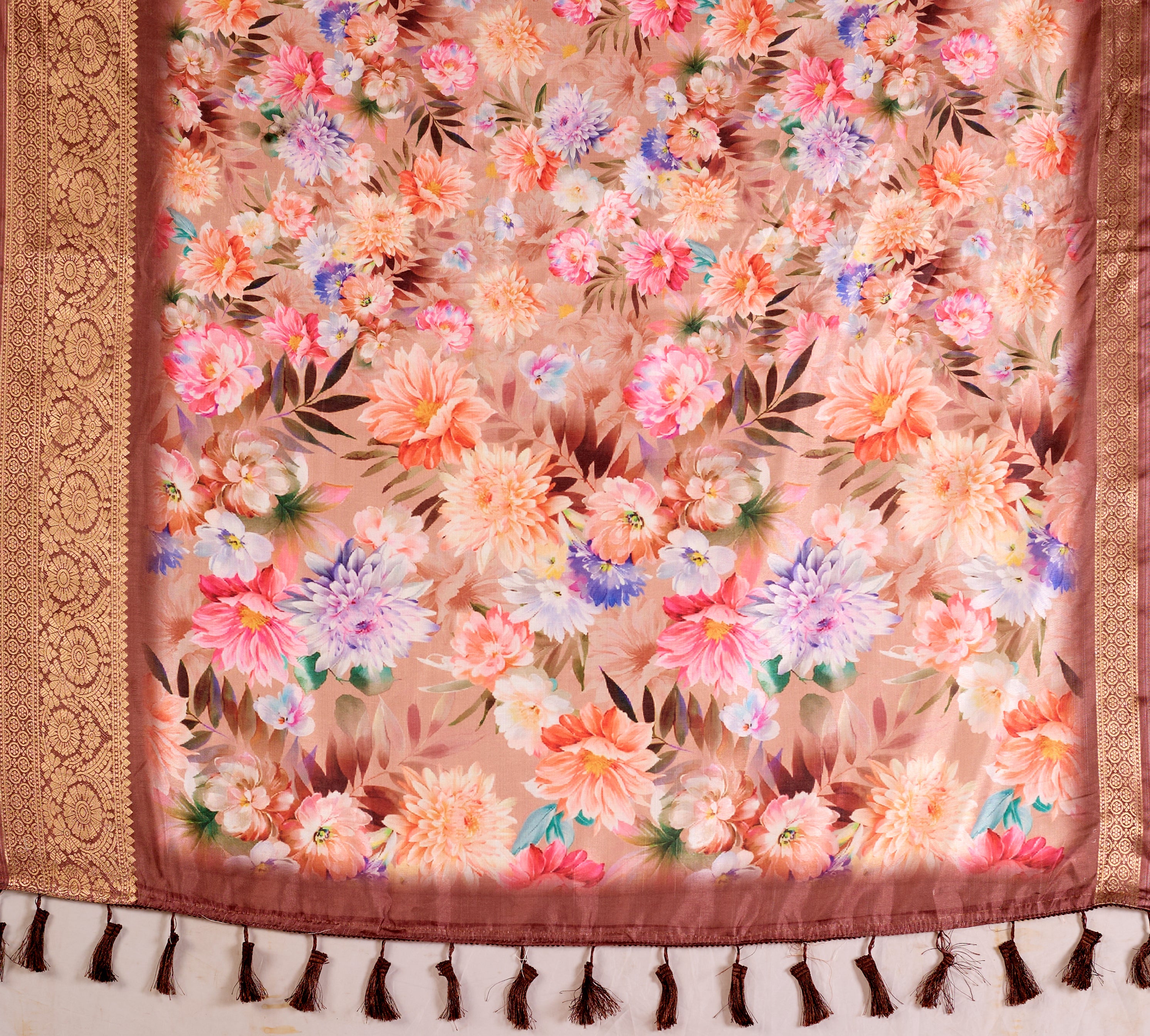 Elegant Soft Lichi Silk Saree featuring mesmerizing digital floral patterns and a rich golden zari border