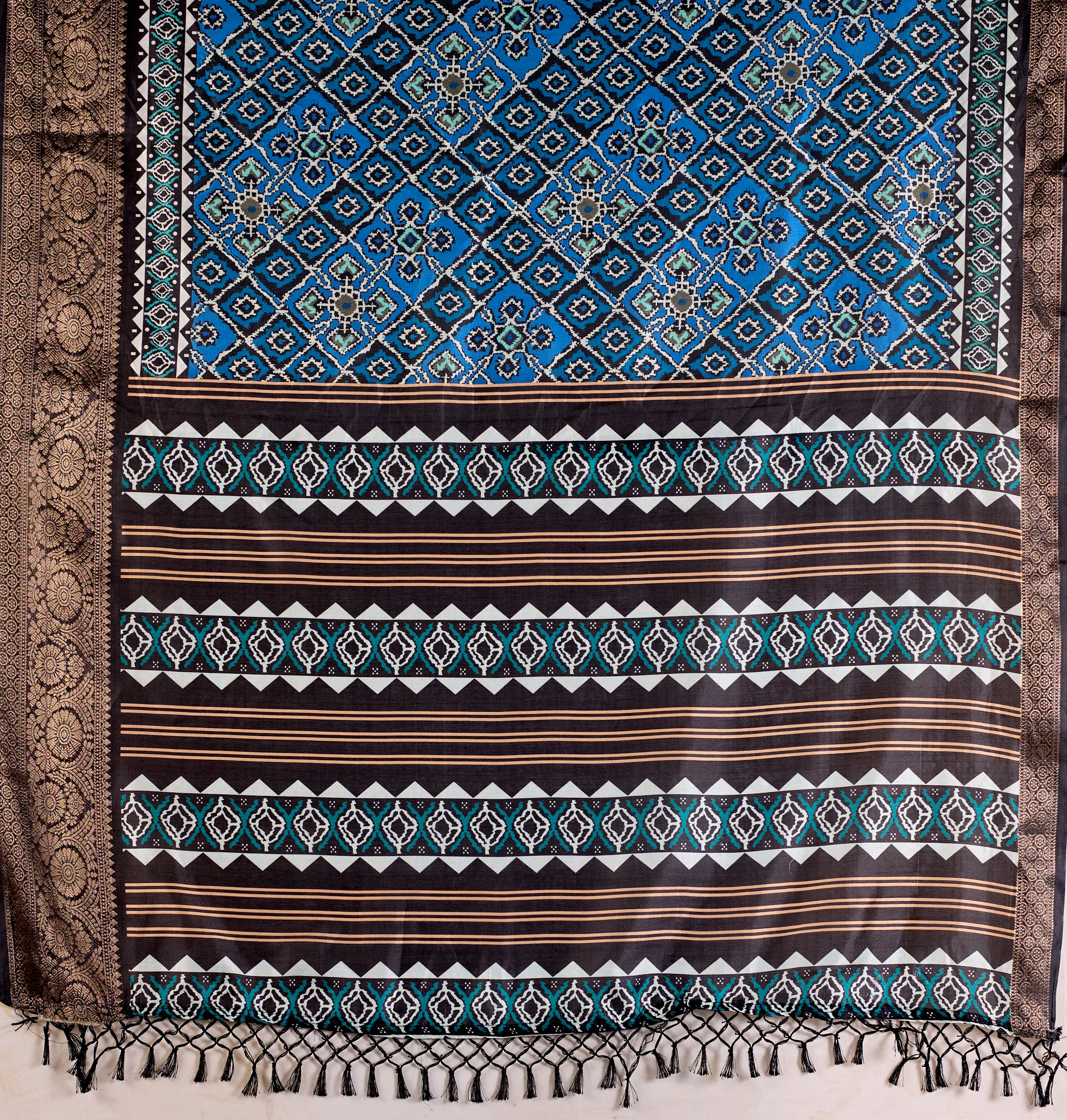 Exquisite Soft Lichi Silk Saree featuring elegant digital ethnic geometric designs paired