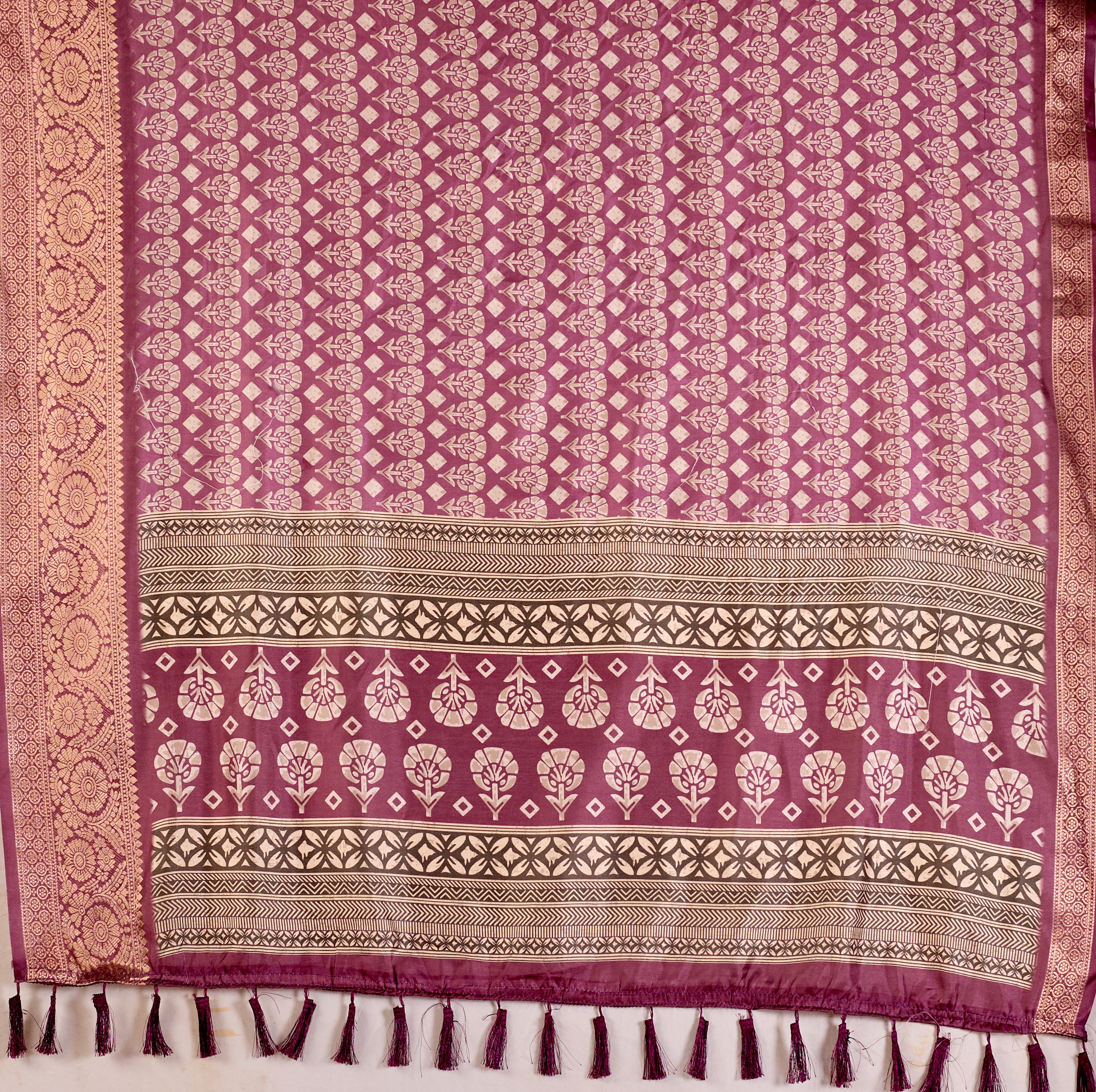 Regal Soft Lichi Silk Saree adorned with intricate digital ethnic weaving motifs and a luxurious golden zari border