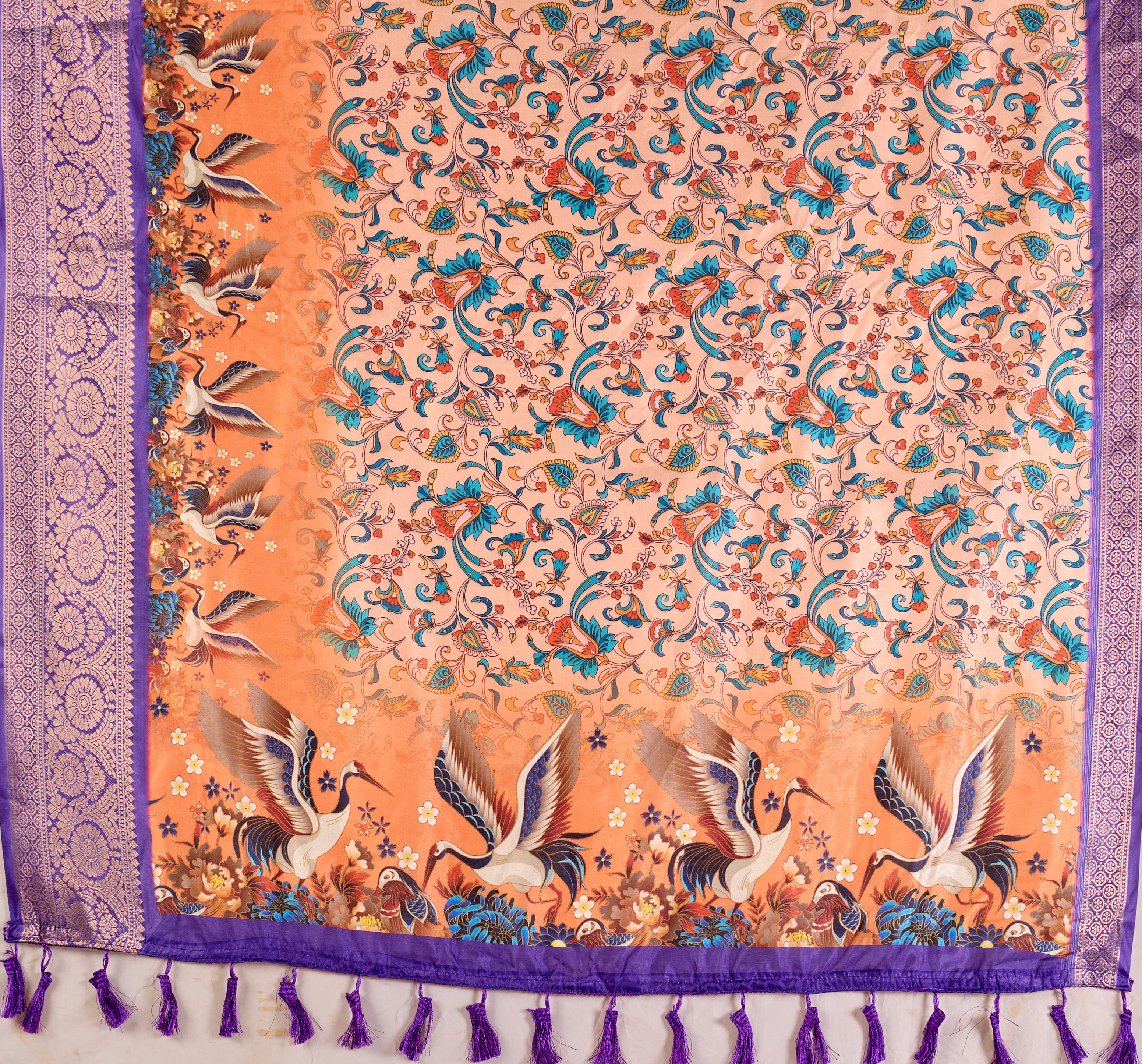 Elegant Soft Lichi Silk Saree featuring exquisite digital ethnic motifs and a royal purple golden zari border