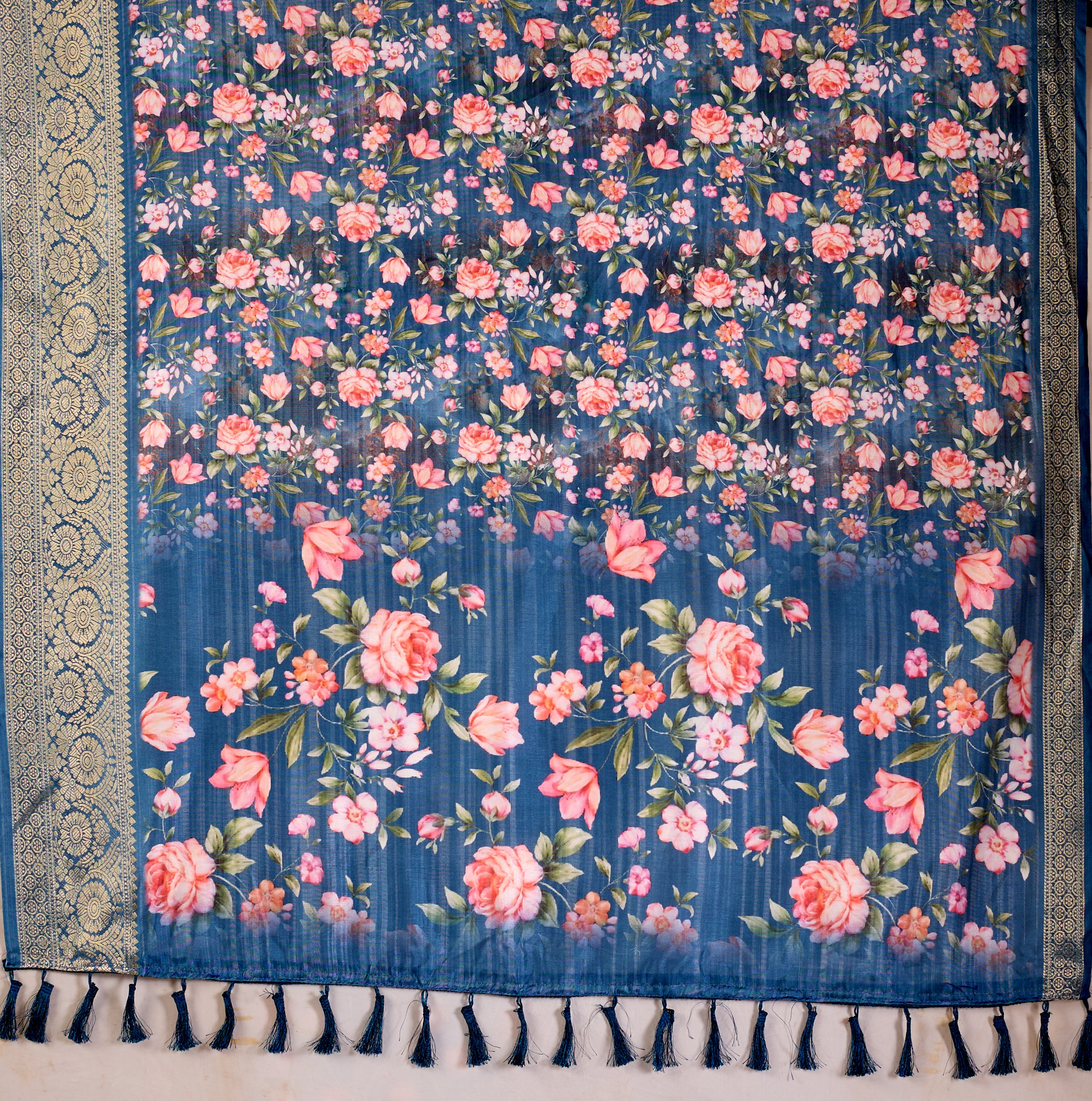Gorgeous Soft Lichi Silk Saree in Deep Teal Blue, adorned with Romantic Rose Floral Digital Prints