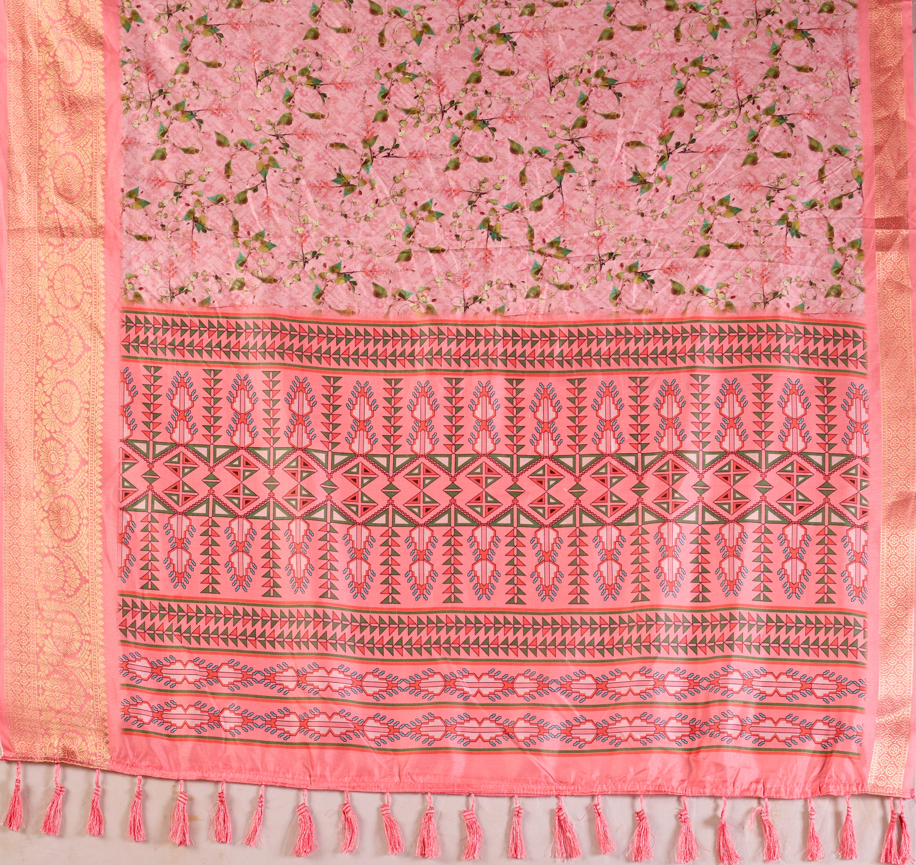 Premium Soft Lichi Silk Saree with a delicate floral print and a rich zari woven border