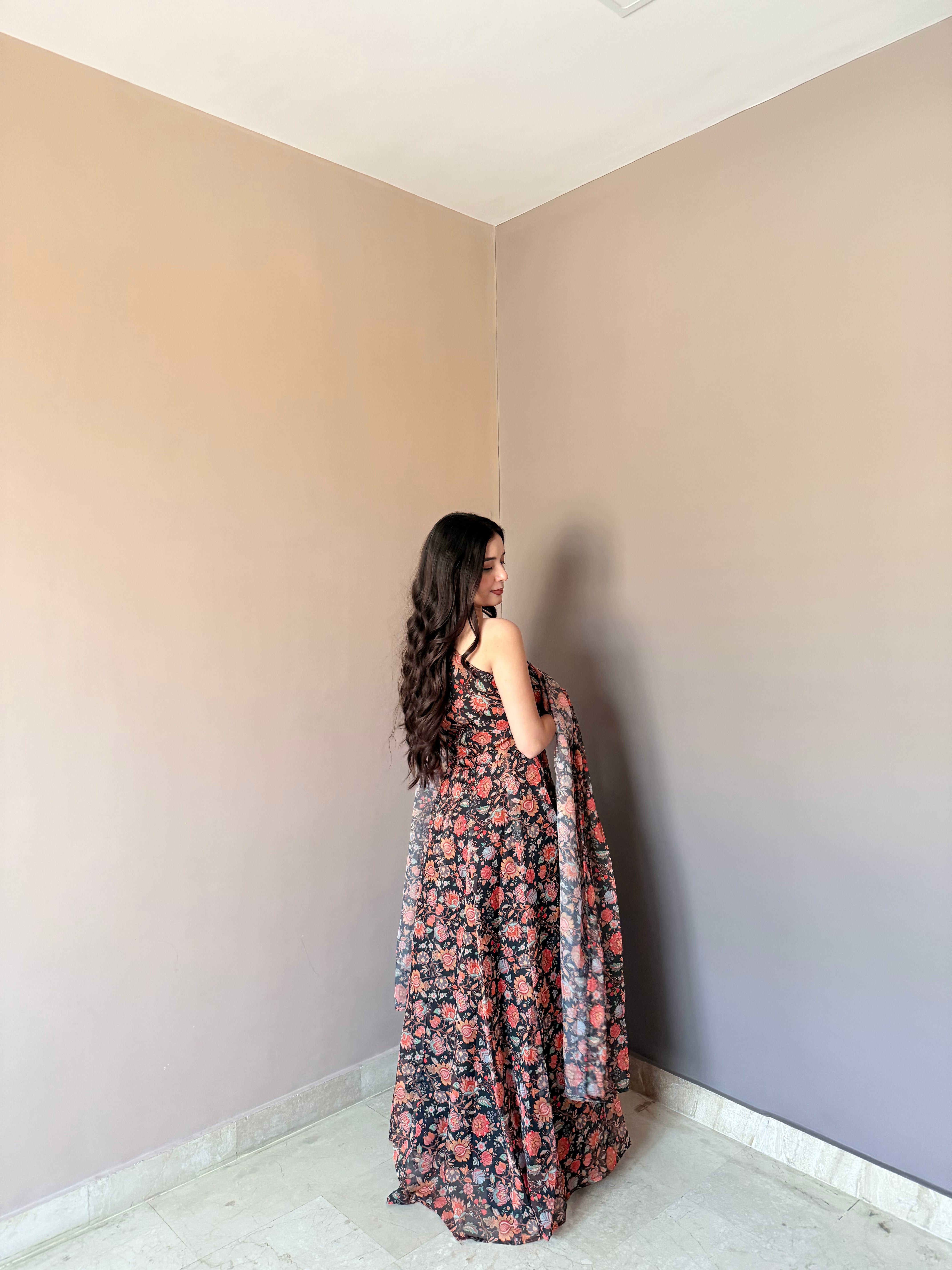 Premium Floral Printed Organza Gown Set with Matching Dupatta