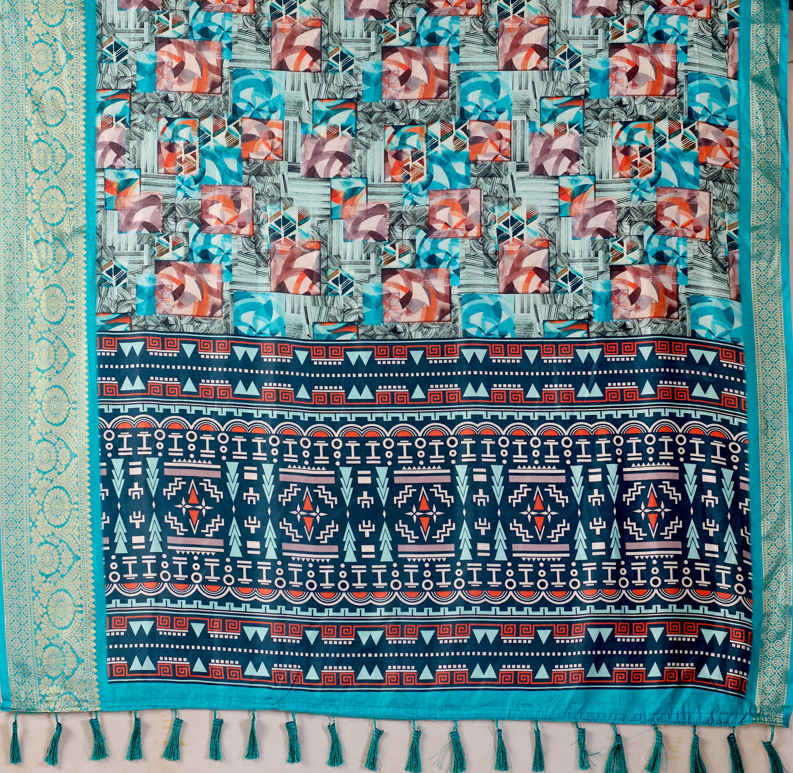 Premium Soft Lichi Silk Saree in Elegant Sea Green Shade, adorned with Artistic Abstract