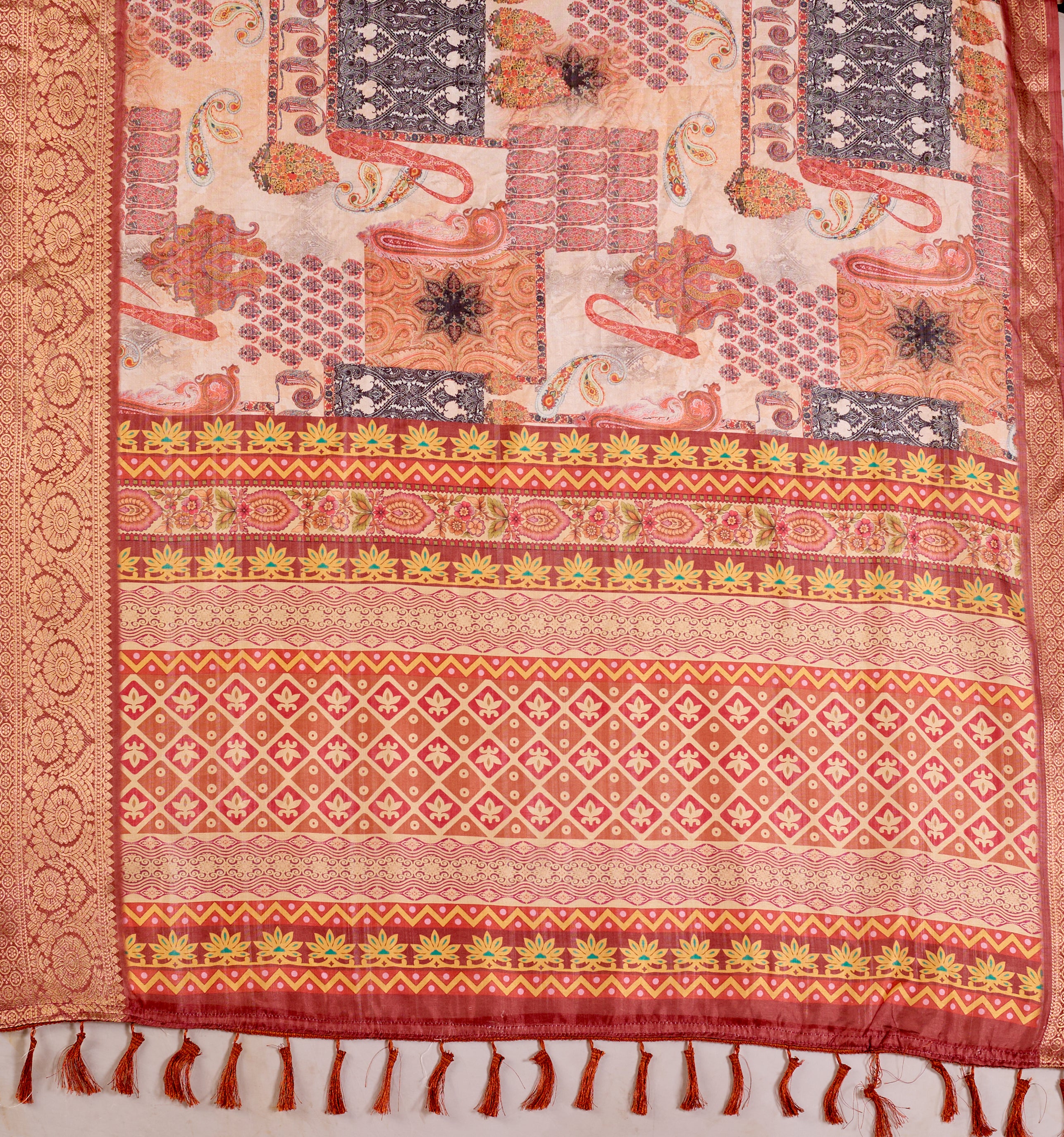 Premium Soft Lichi Silk Saree in an Elegant Peach & Multicolor Shade, beautifully adorned with Traditional and Artistic Digital Prints