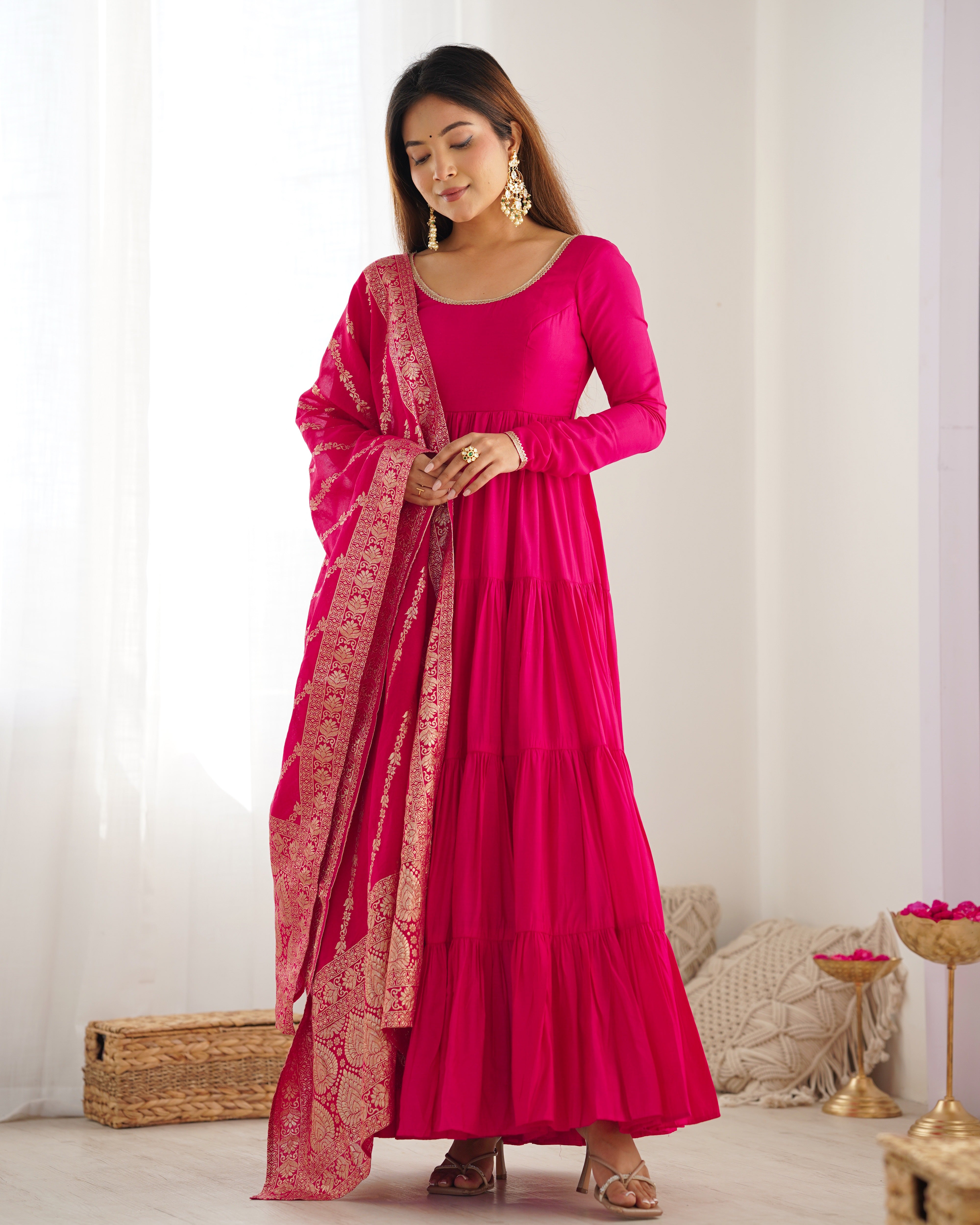PURE ROMANSILK CHANDERI FABRIC FULLY FLAIR ANARKALI,WITH DUPPTA SET,PENT READY TO WEAR