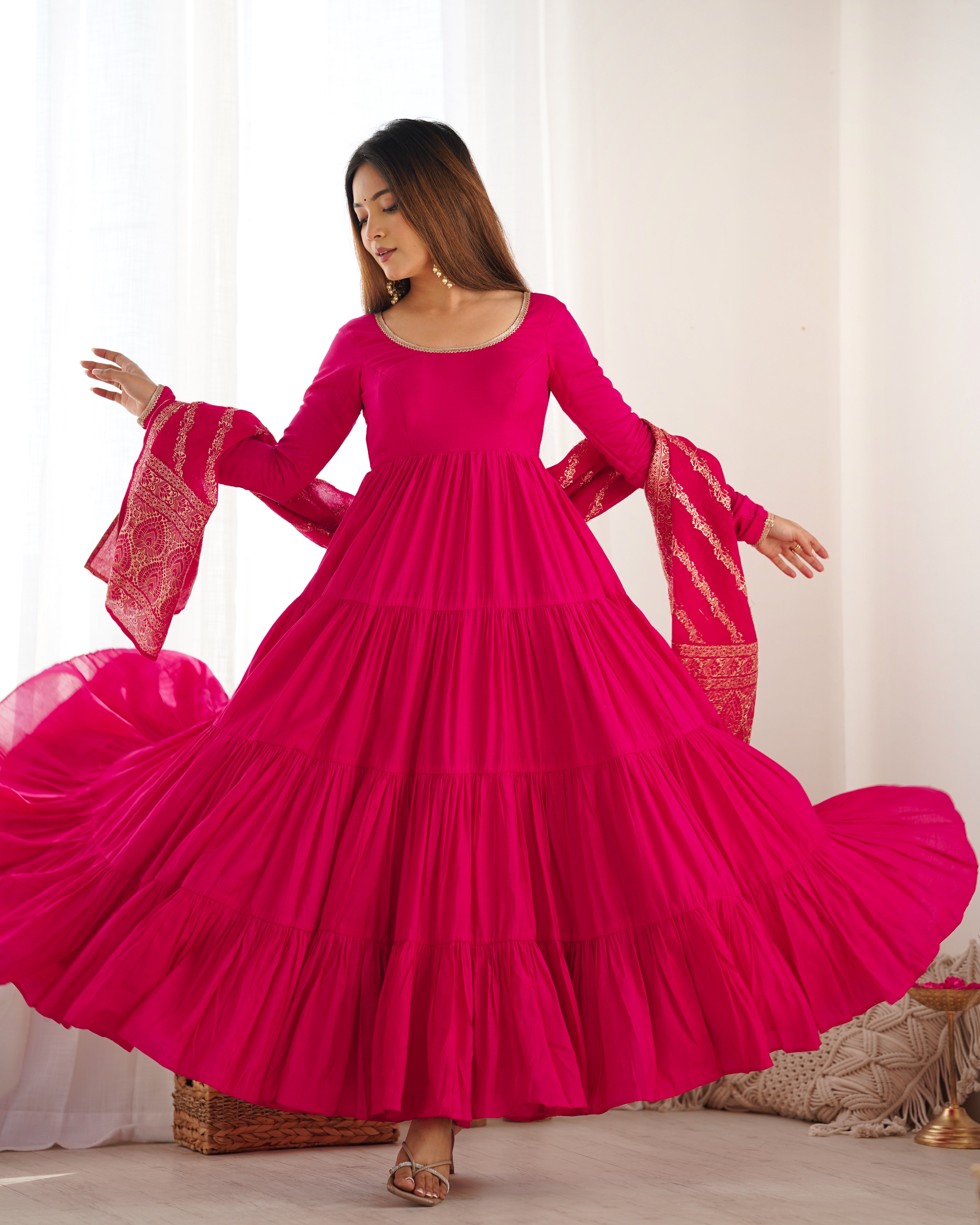 PURE ROMANSILK CHANDERI FABRIC FULLY FLAIR ANARKALI,WITH DUPPTA SET,PENT READY TO WEAR