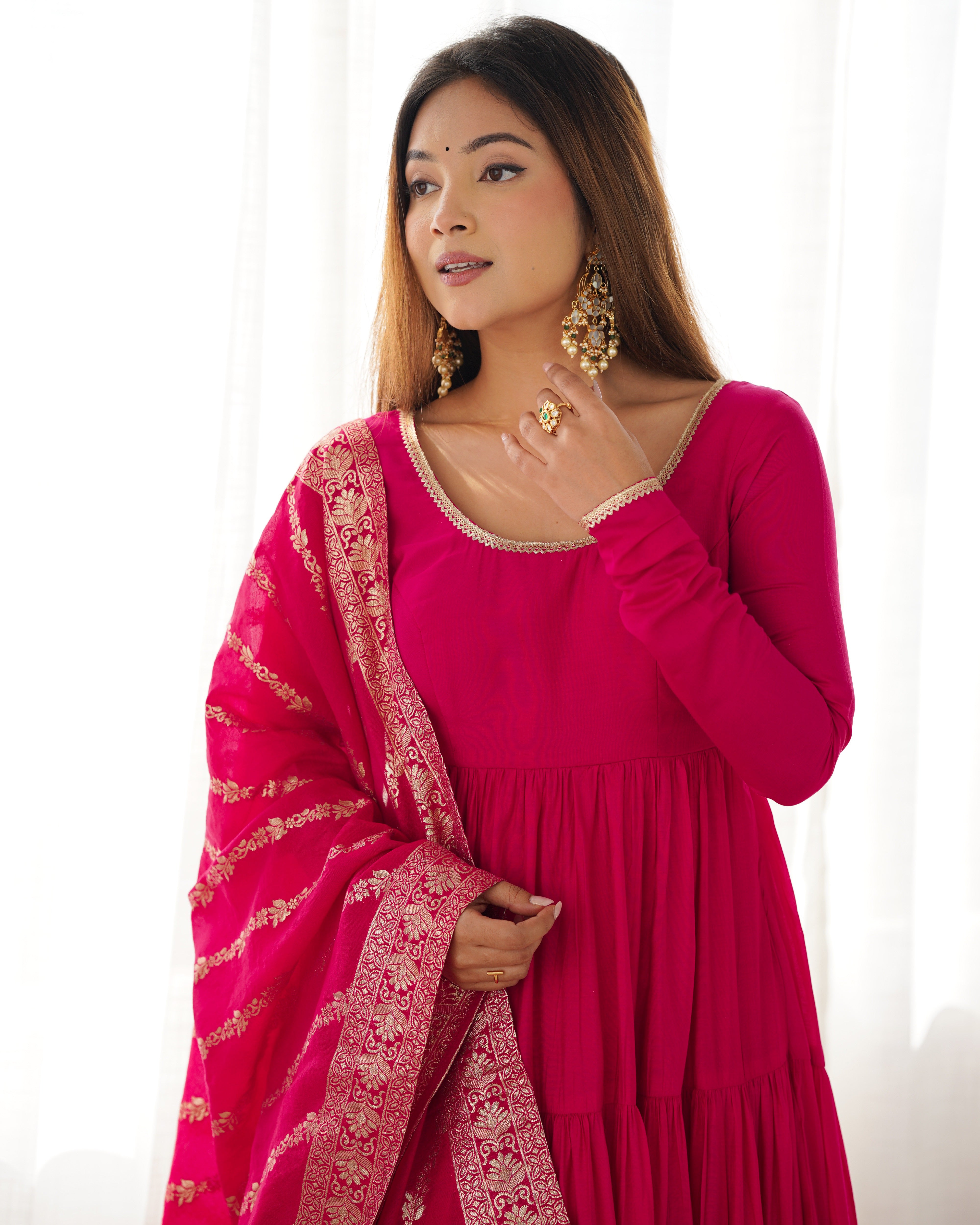 PURE ROMANSILK CHANDERI FABRIC FULLY FLAIR ANARKALI,WITH DUPPTA SET,PENT READY TO WEAR
