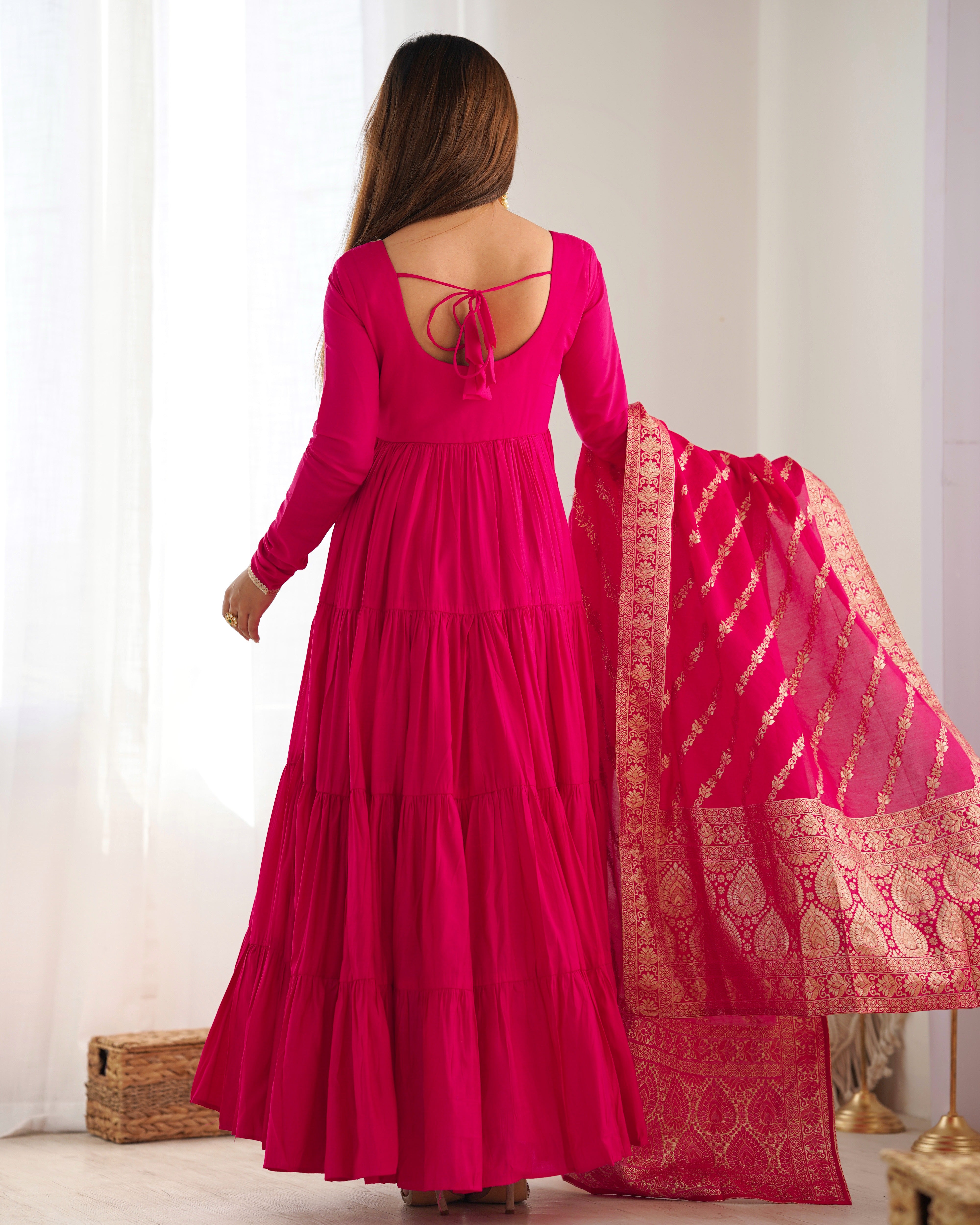 PURE ROMANSILK CHANDERI FABRIC FULLY FLAIR ANARKALI,WITH DUPPTA SET,PENT READY TO WEAR
