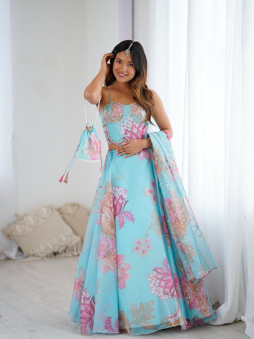 Aqua Bloom Mirror Work Lehenga Set