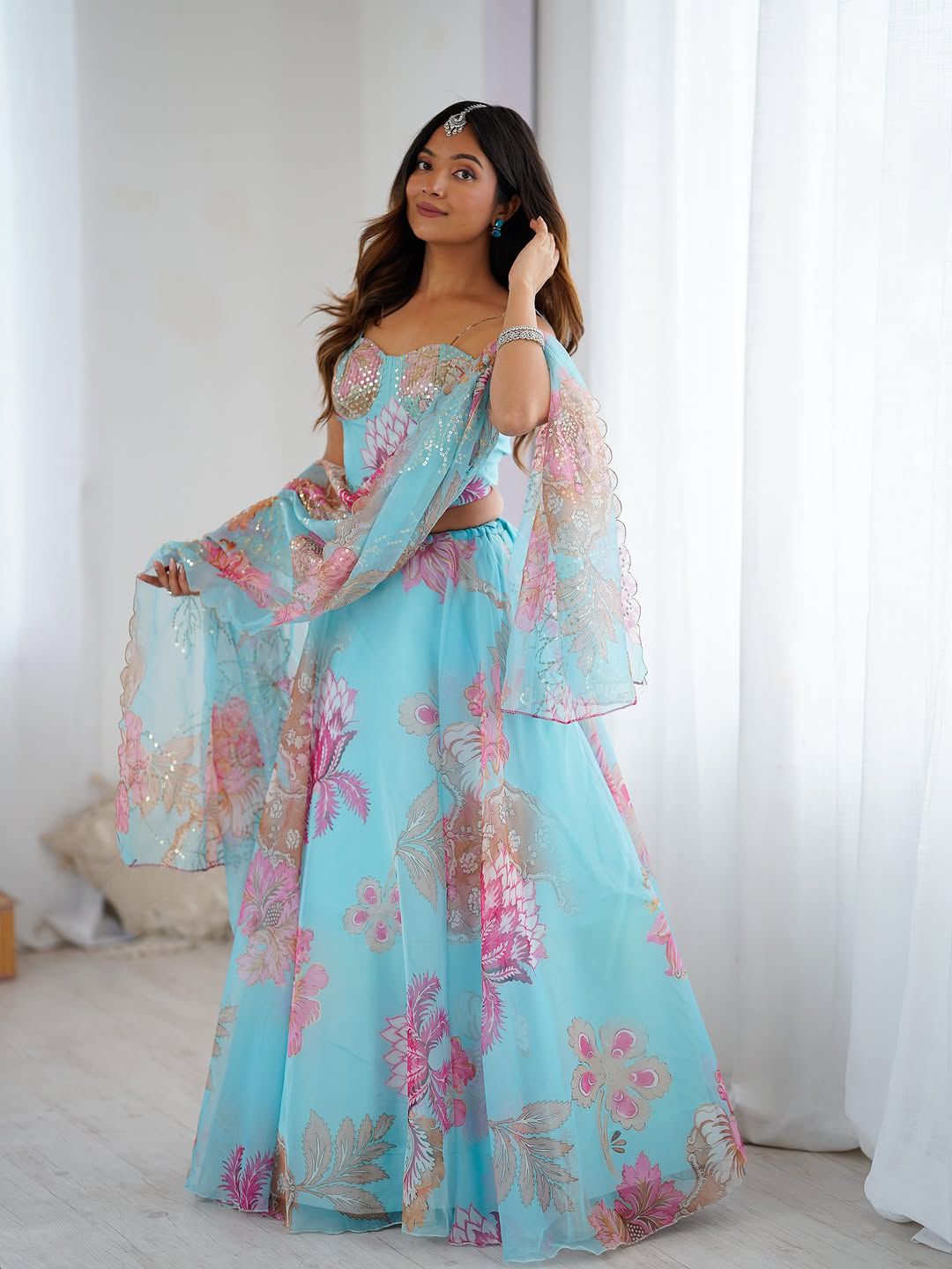 Aqua Bloom Mirror Work Lehenga Set