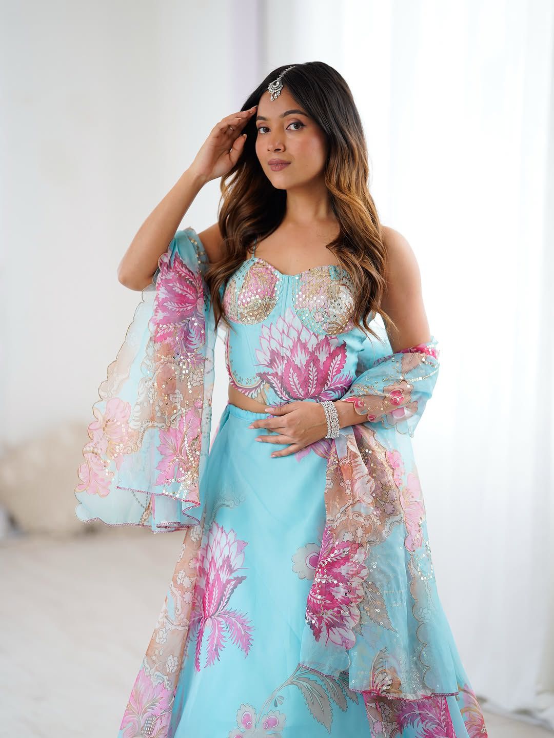 Aqua Bloom Mirror Work Lehenga Set