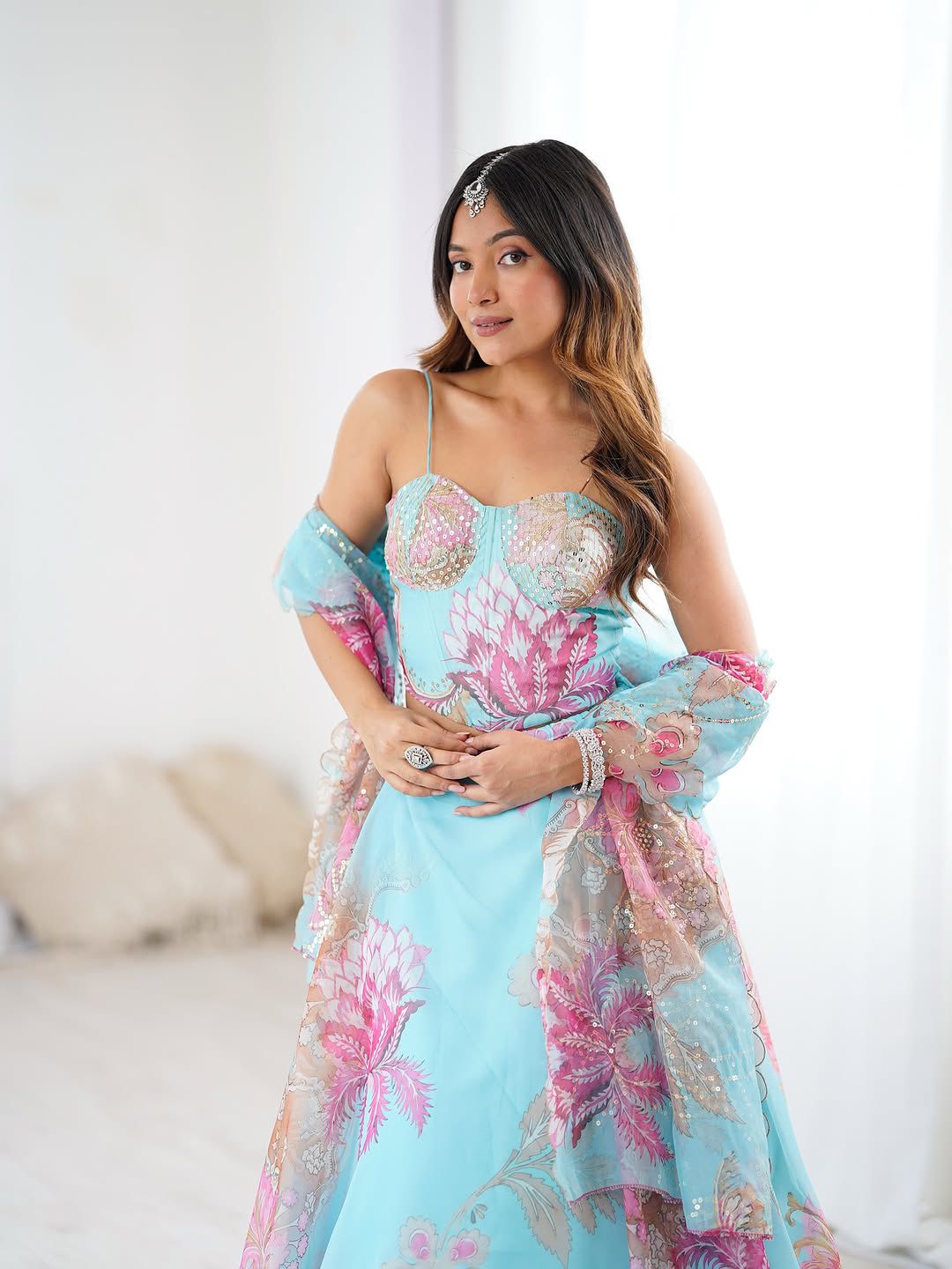 Aqua Bloom Mirror Work Lehenga Set