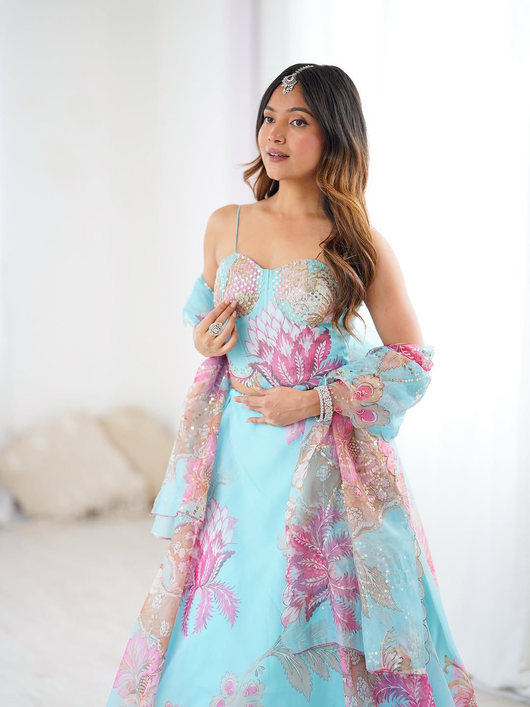 Aqua Bloom Mirror Work Lehenga Set