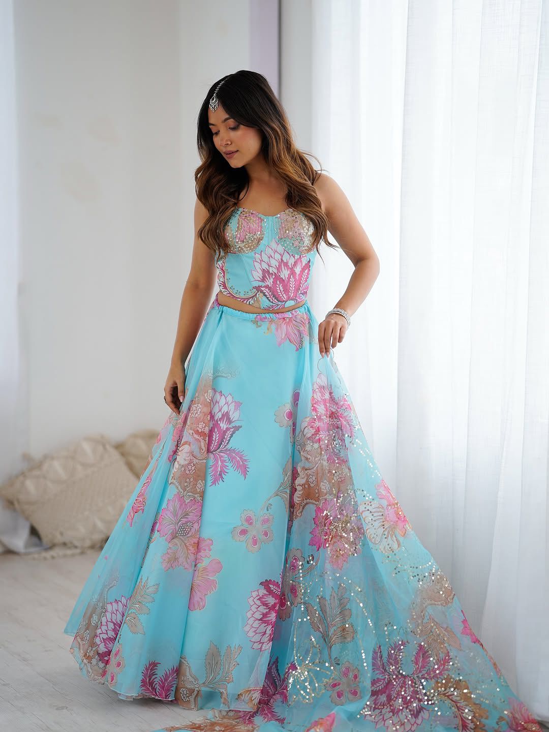 Aqua Bloom Mirror Work Lehenga Set