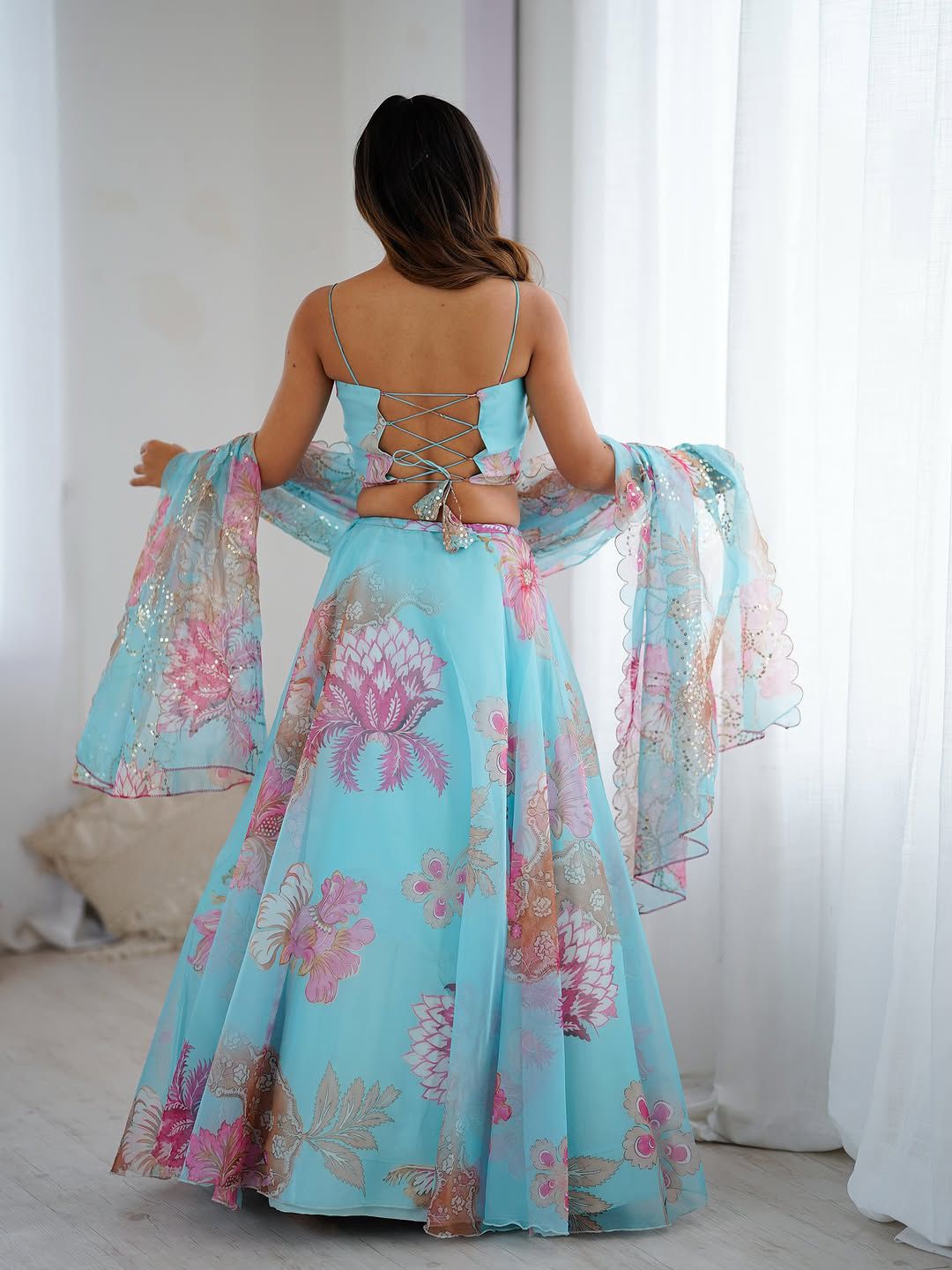 Aqua Bloom Mirror Work Lehenga Set