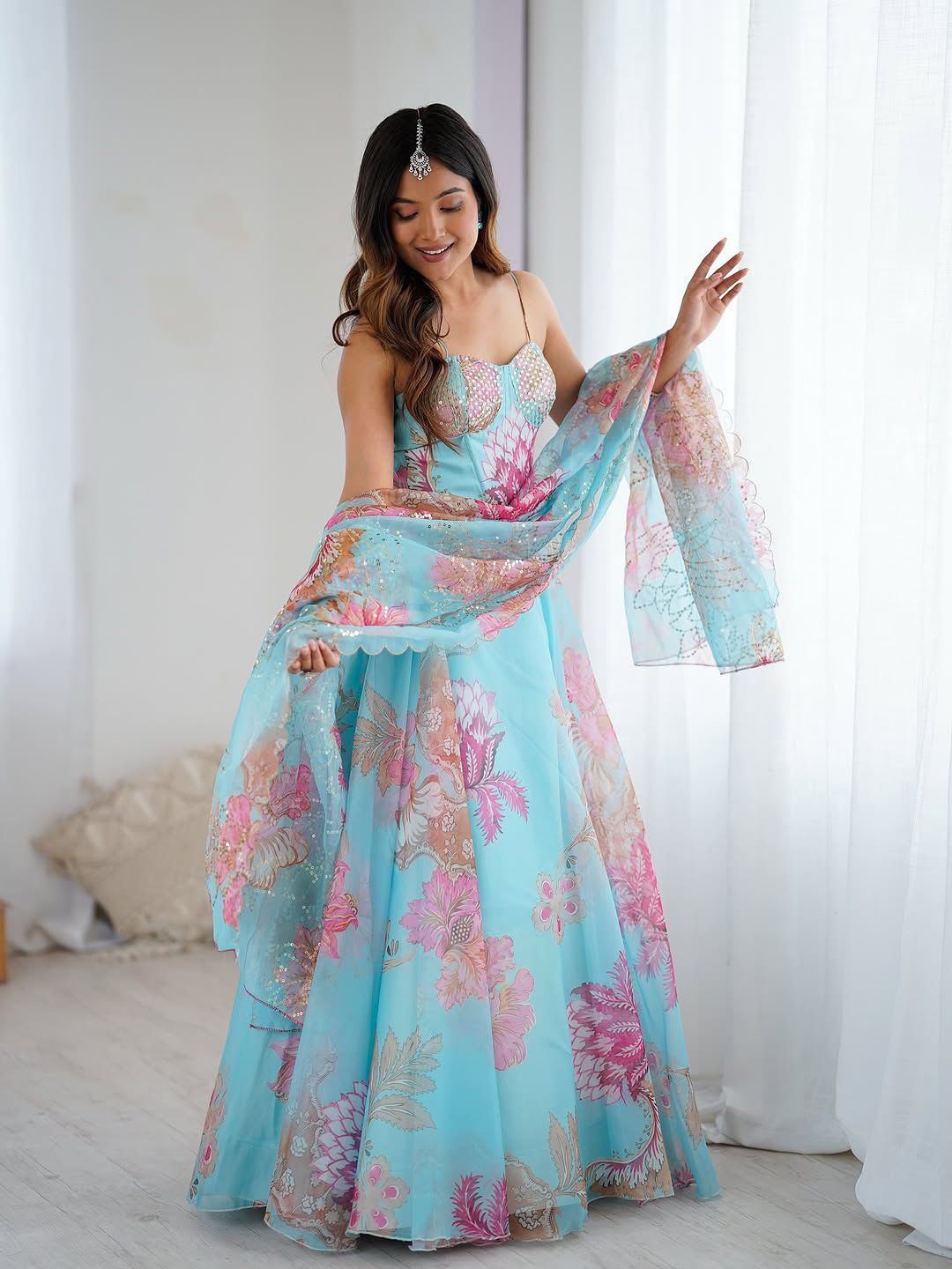 Aqua Bloom Mirror Work Lehenga Set