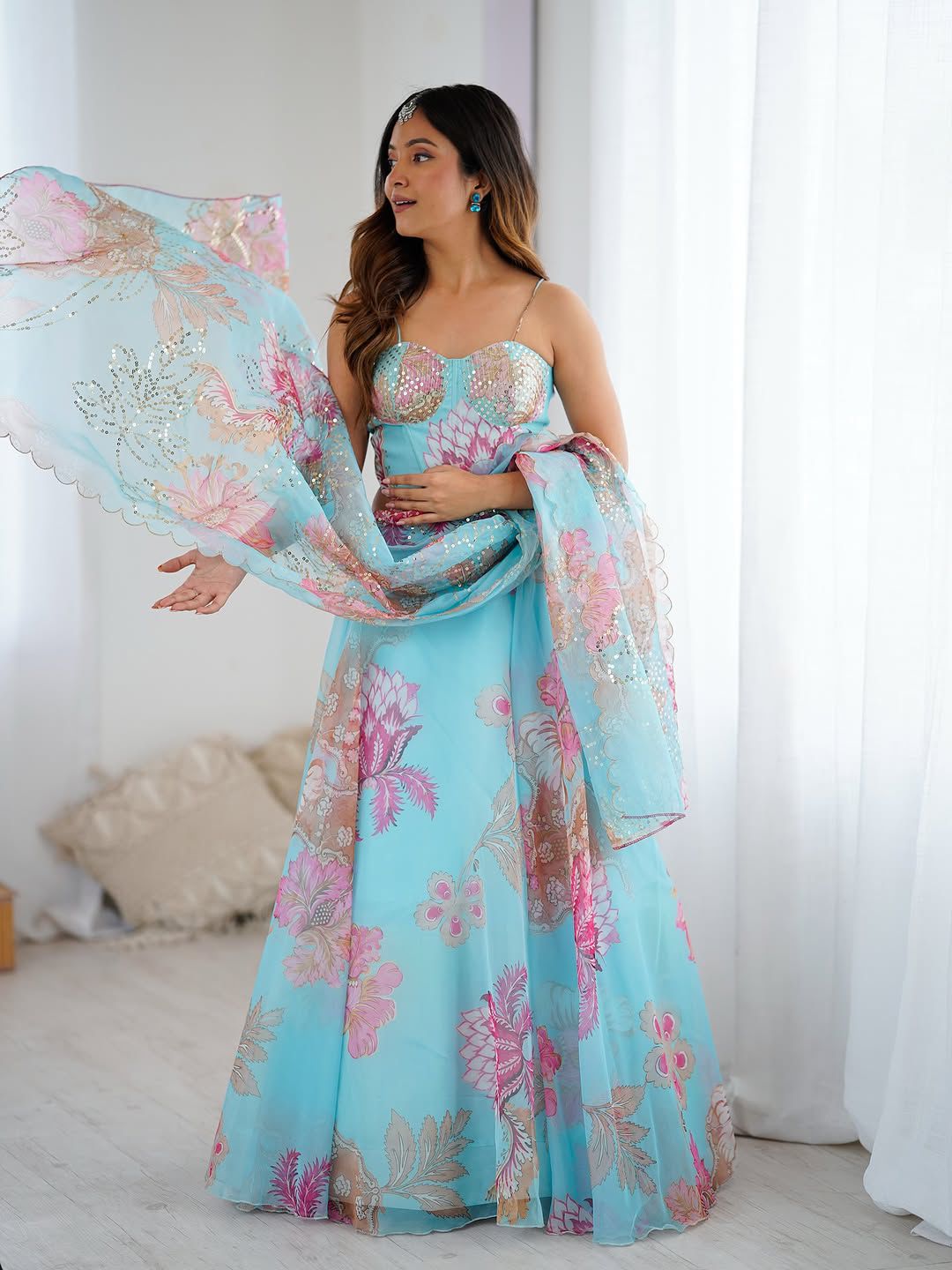 Aqua Bloom Mirror Work Lehenga Set