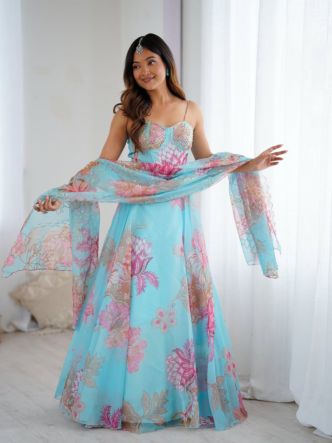 Aqua Bloom Mirror Work Lehenga Set