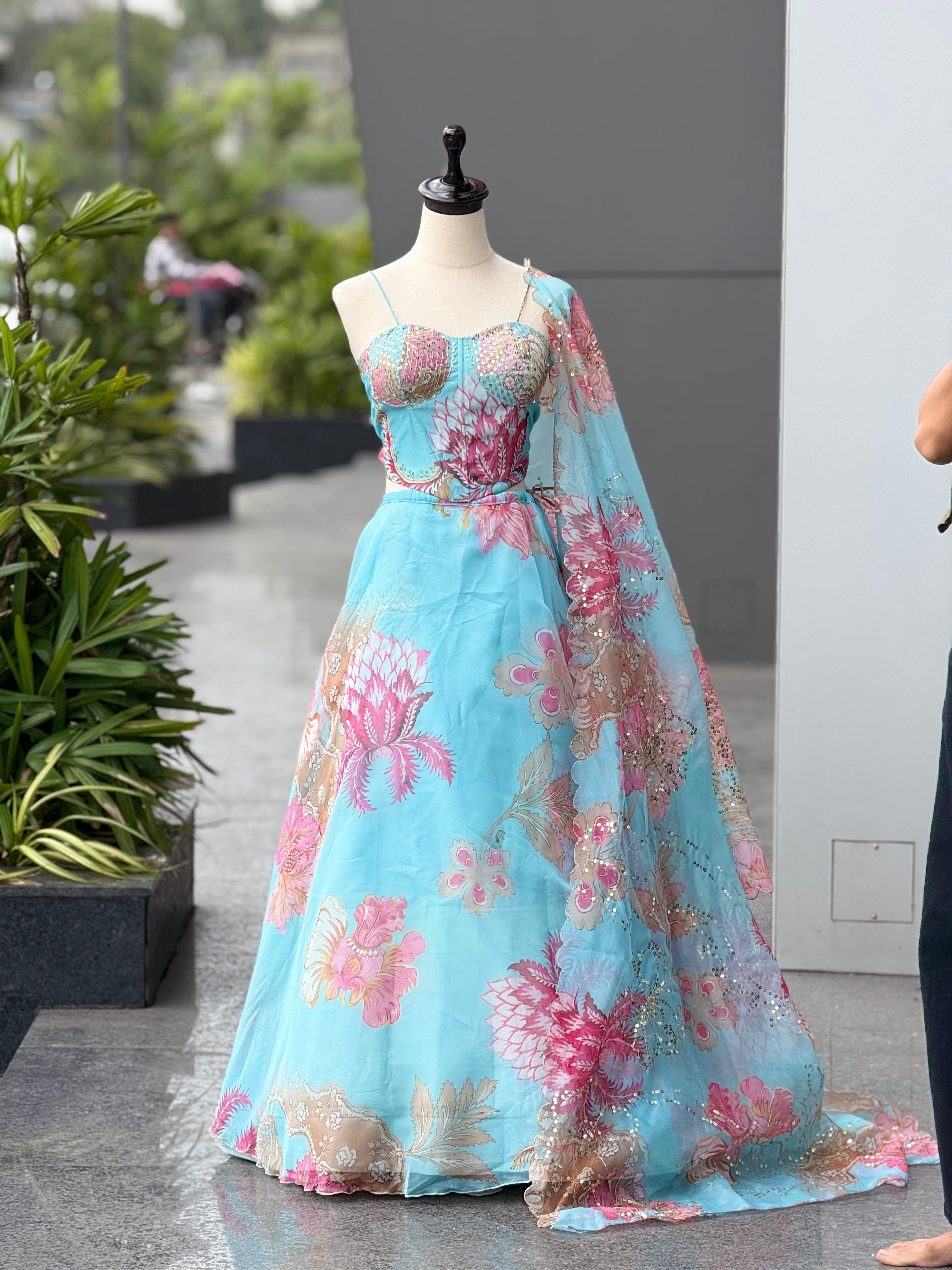 Aqua Bloom Mirror Work Lehenga Set