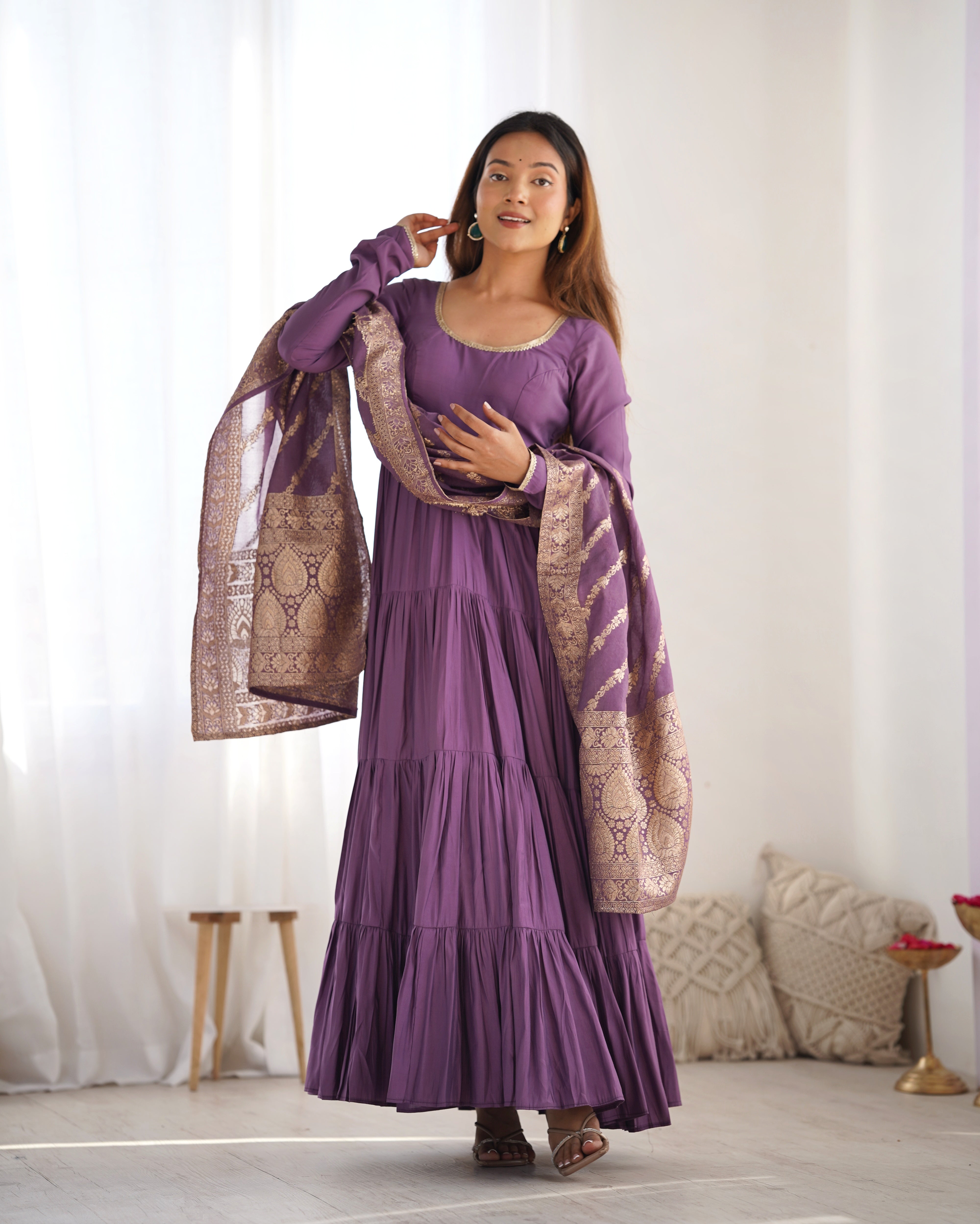 PURE ROMANSILK CHANDERI FABRIC FULLY FLAIR ANARKALI,WITH DUPPTA SET,PENT READY TO WEAR