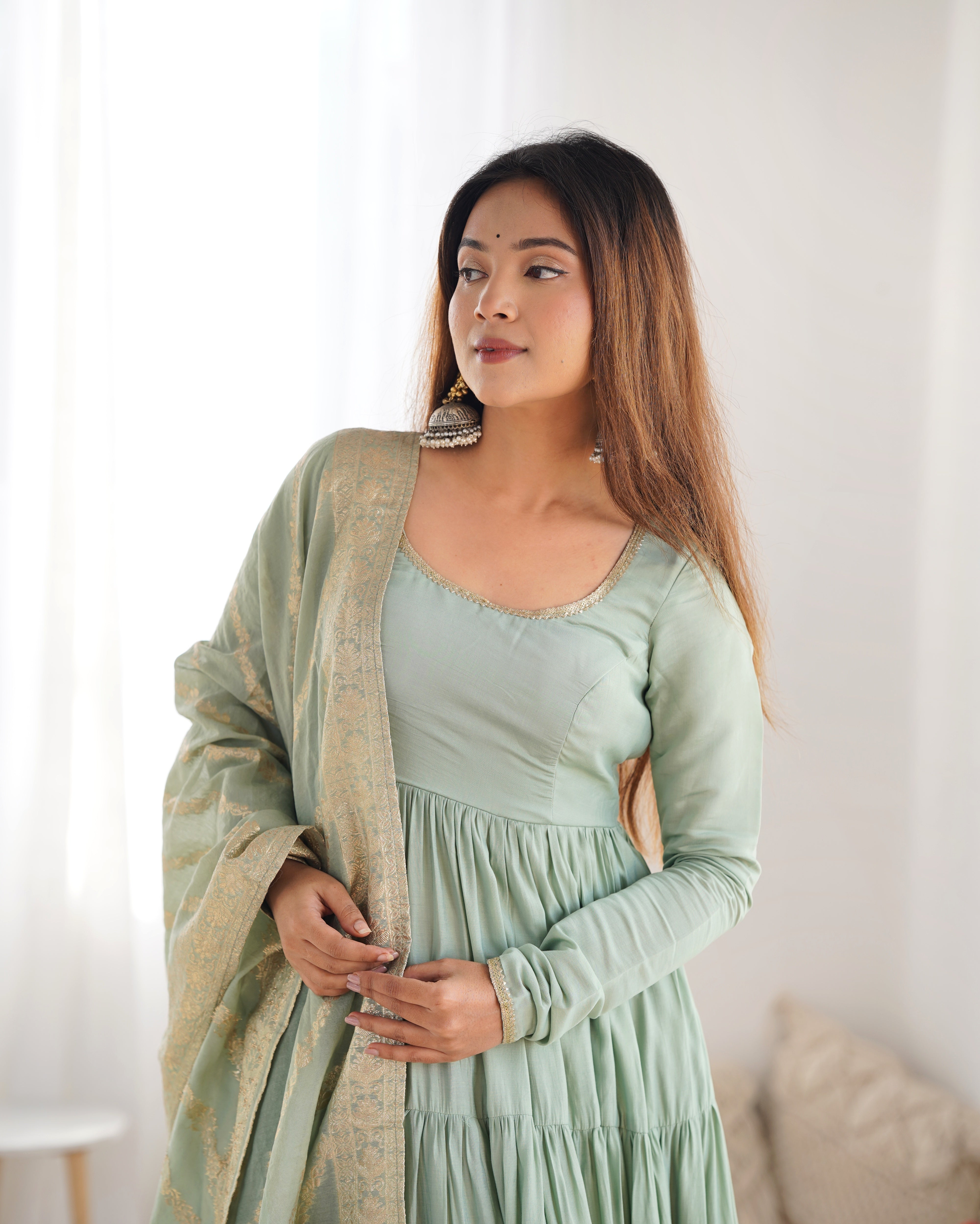 PURE ROMANSILK CHANDERI FABRIC FULLY FLAIR ANARKALI,WITH DUPPTA SET,PENT READY TO WEAR