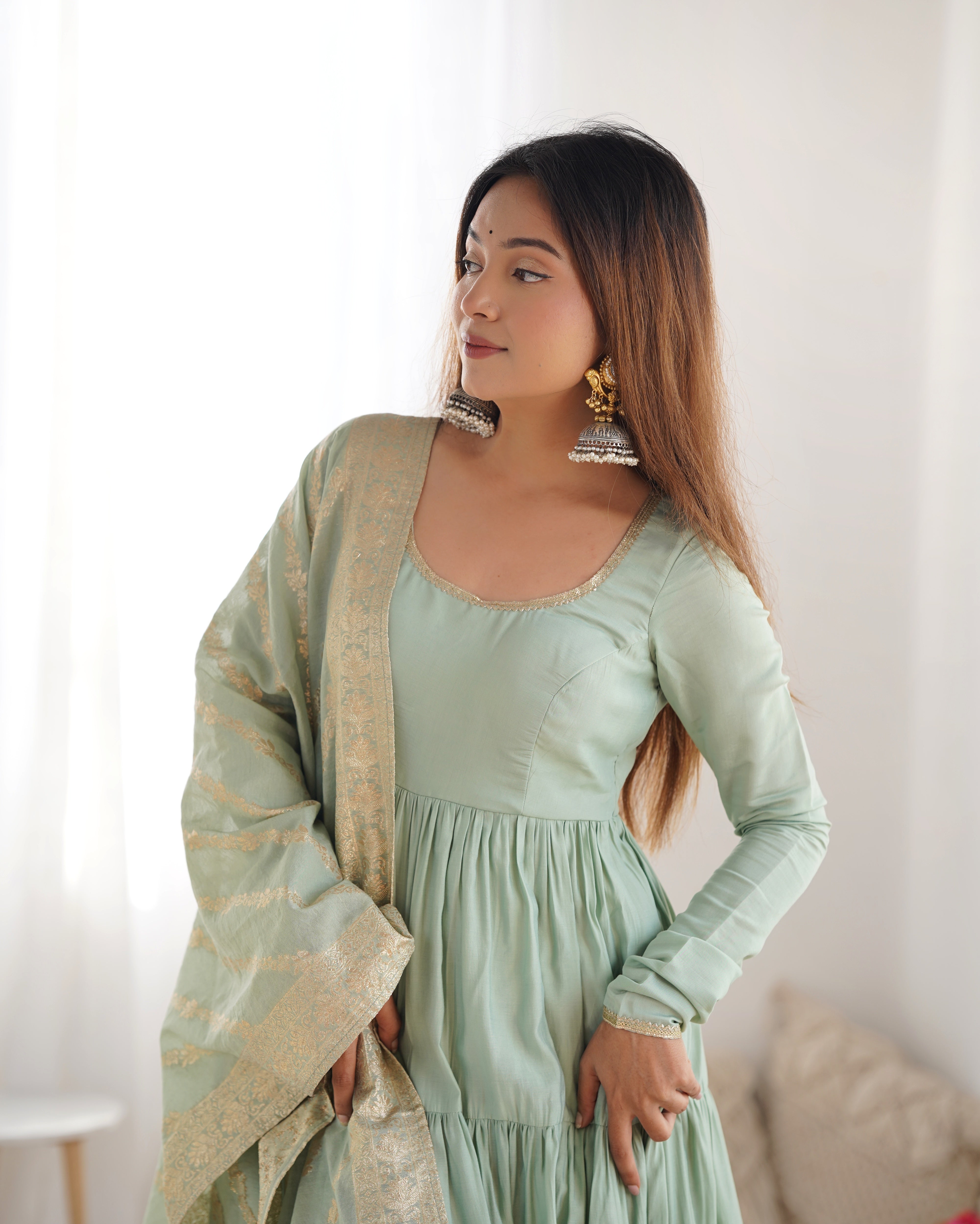 PURE ROMANSILK CHANDERI FABRIC FULLY FLAIR ANARKALI,WITH DUPPTA SET,PENT READY TO WEAR