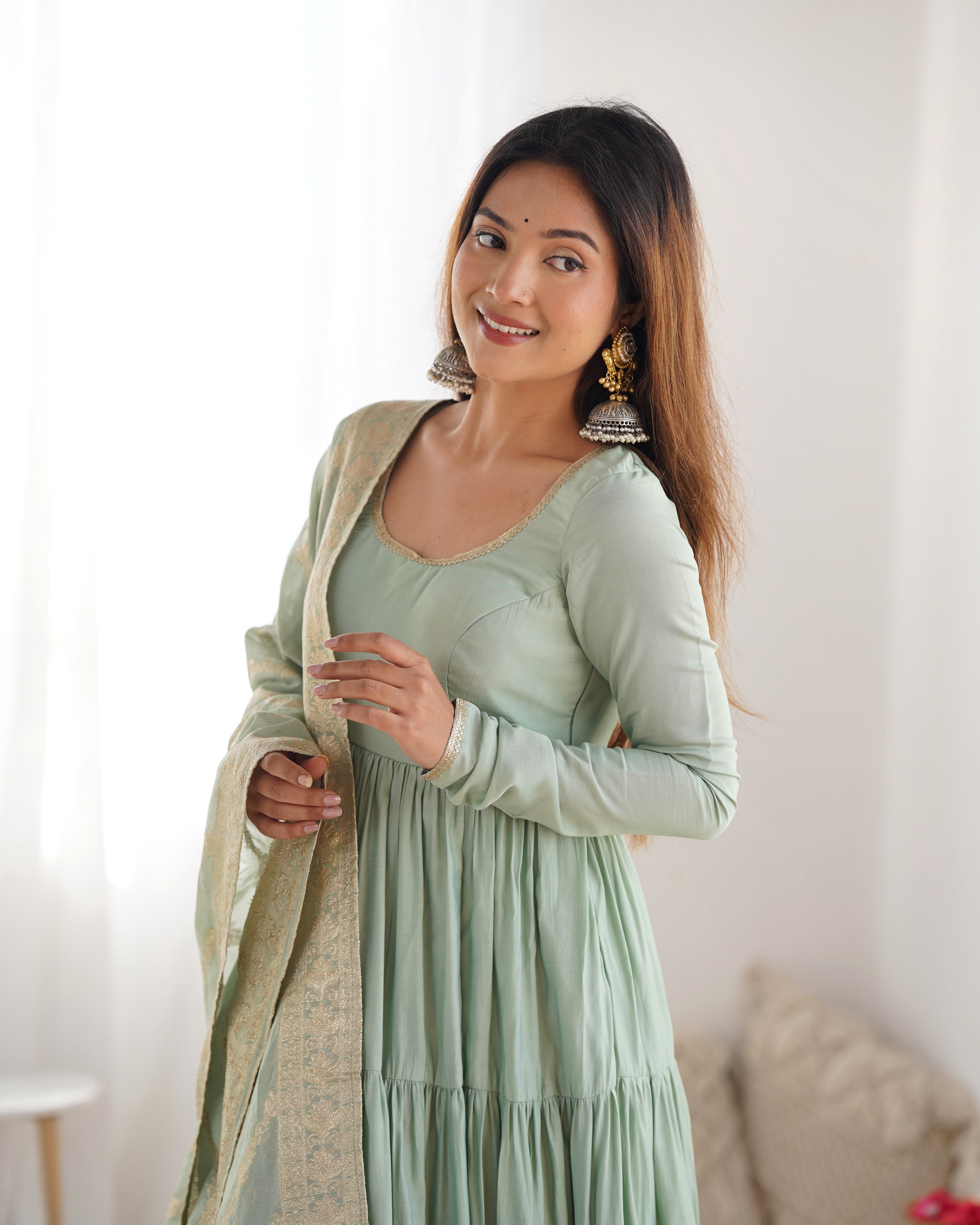 PURE ROMANSILK CHANDERI FABRIC FULLY FLAIR ANARKALI,WITH DUPPTA SET,PENT READY TO WEAR