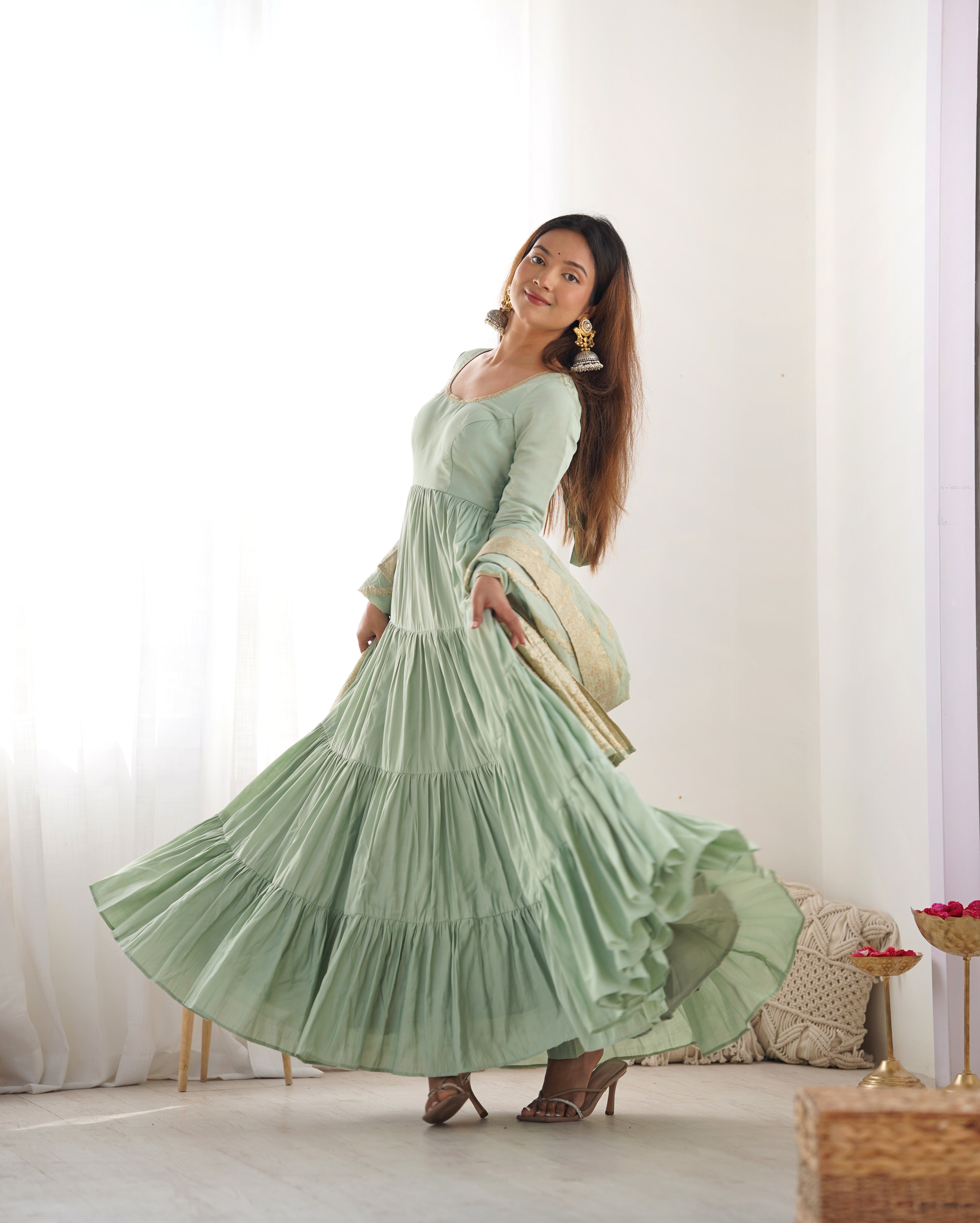 PURE ROMANSILK CHANDERI FABRIC FULLY FLAIR ANARKALI,WITH DUPPTA SET,PENT READY TO WEAR